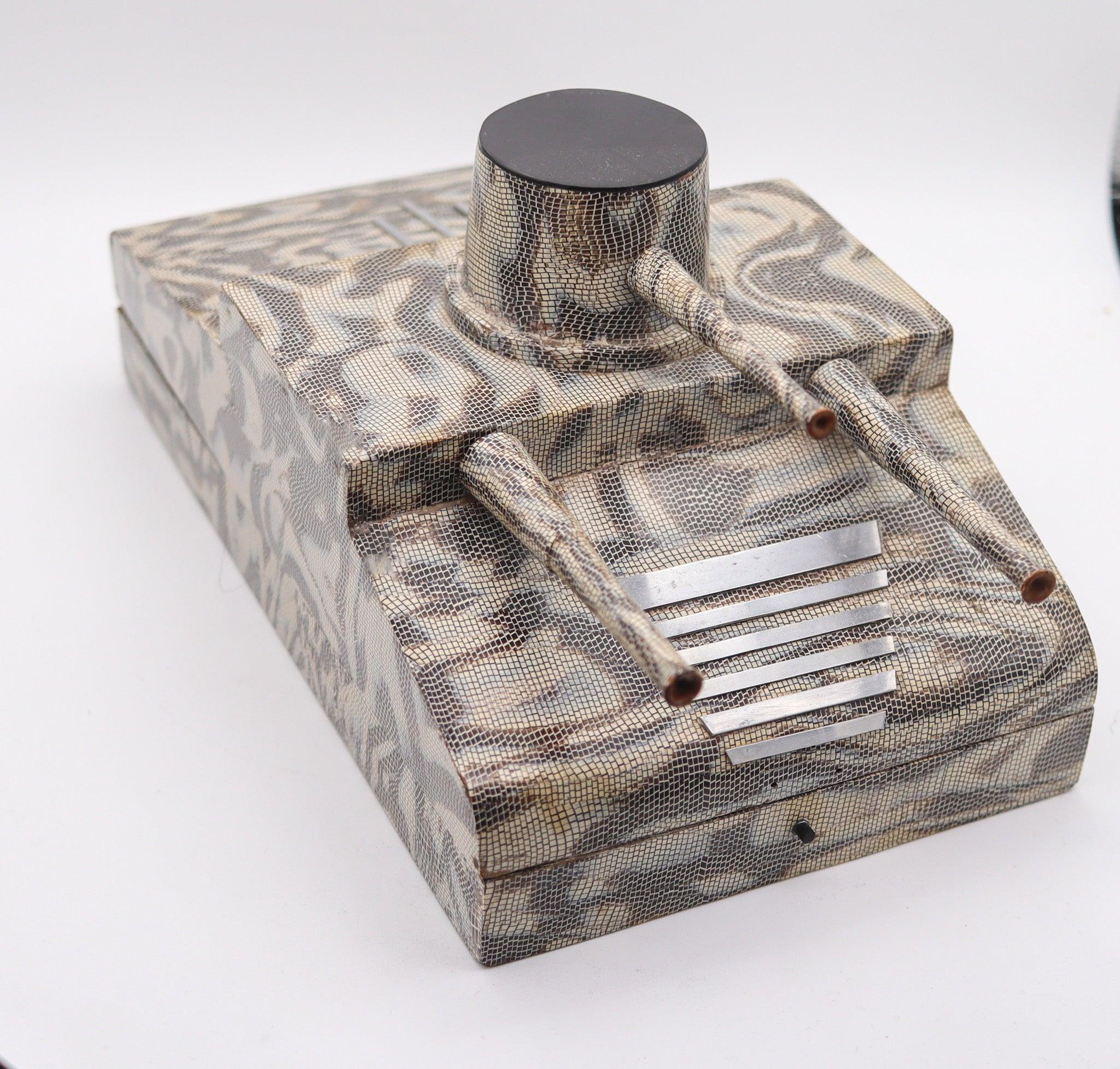 Early 20th Century FRENCH 1918 Art-Deco Lacquered Desk Cigar Box In The Shape of a WWI Tank For Sale