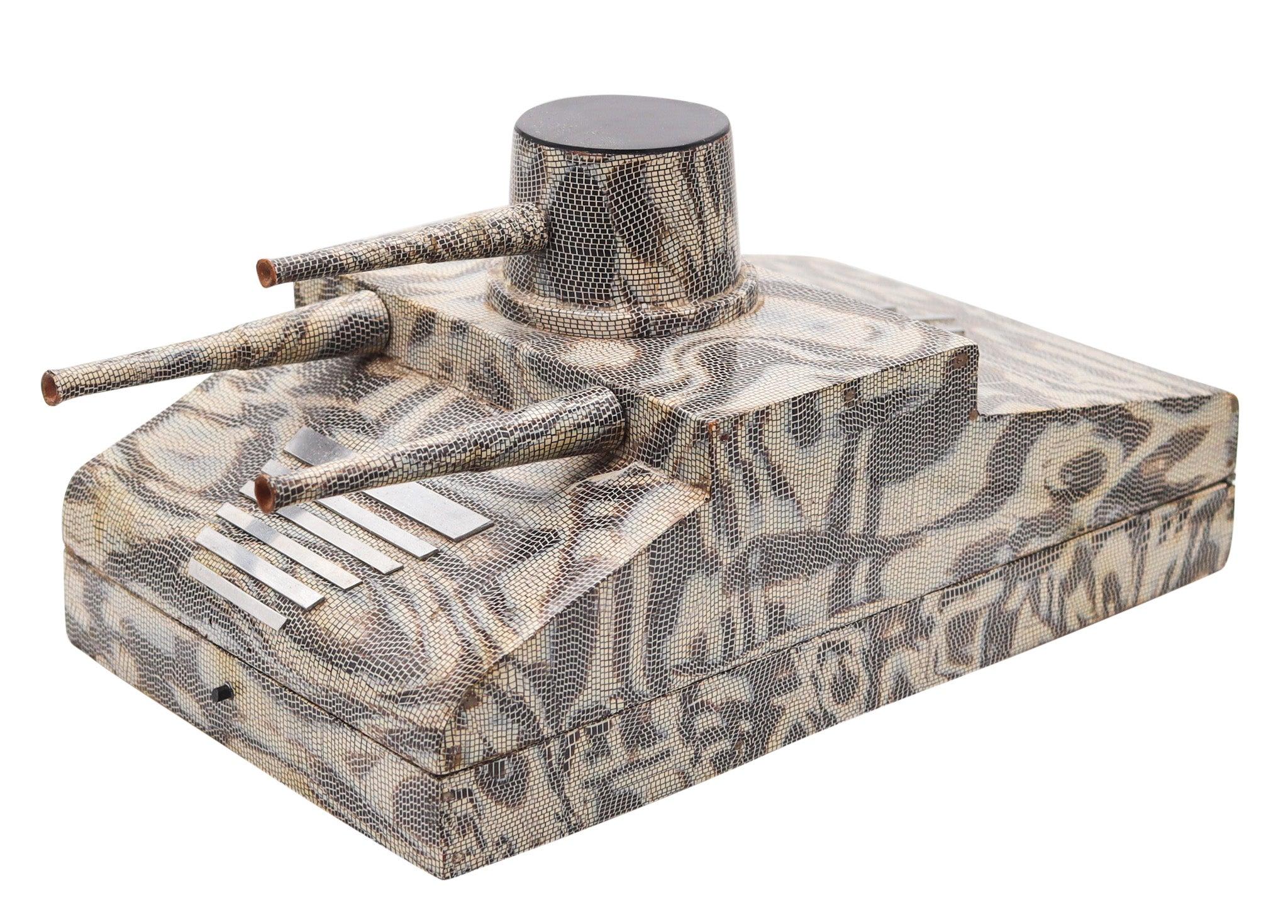 FRENCH 1918 Art-Deco Lacquered Desk Cigar Box In The Shape of a WWI Tank For Sale
