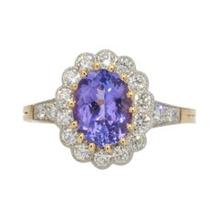 French 1, 92 Carat Tanzanite Diamonds 18 Karat Yellow Gold Platinum Daisy Ring