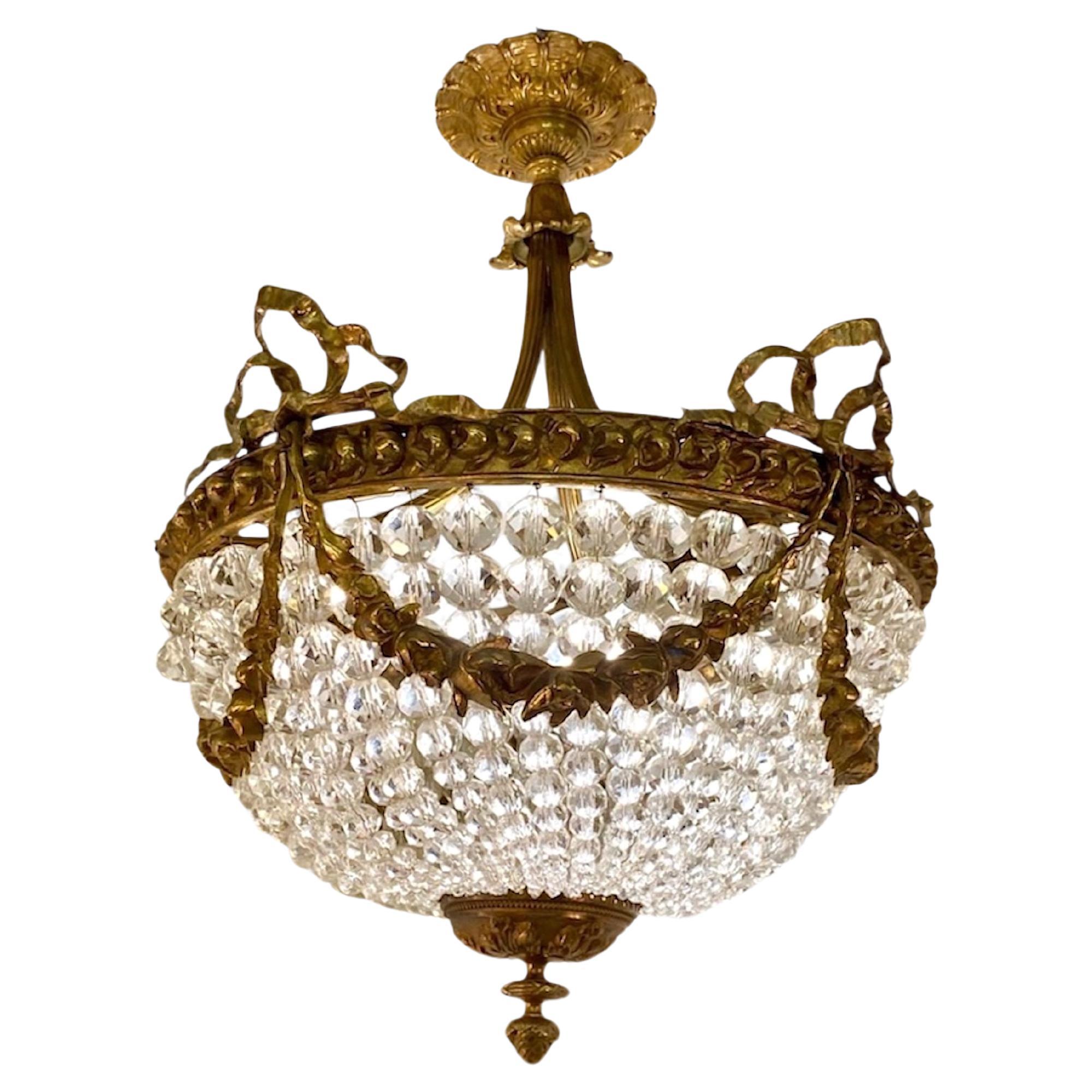 Lampadario francese a 3 luci in bronzo dorato Dore 1920/30s