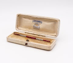 French 1920 Art Deco Bar Brooch 18Kt Gold With 2.93 Cts Burmese Rubies & Diamond
