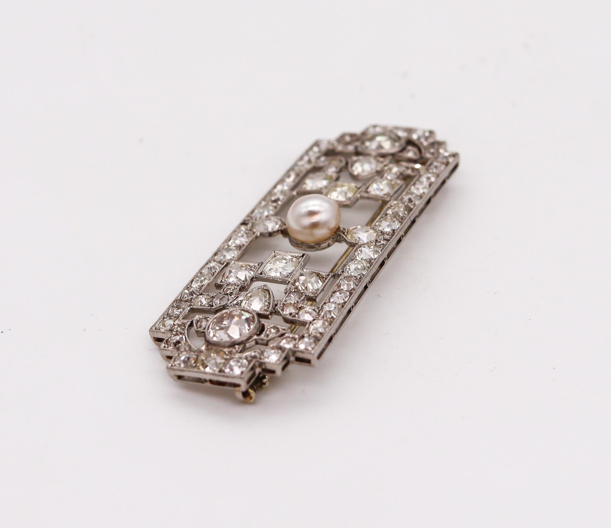 Old European Cut French 1920 Art Deco Geometric Brooch in Platinum with 10.70ctw in Diamonds For Sale