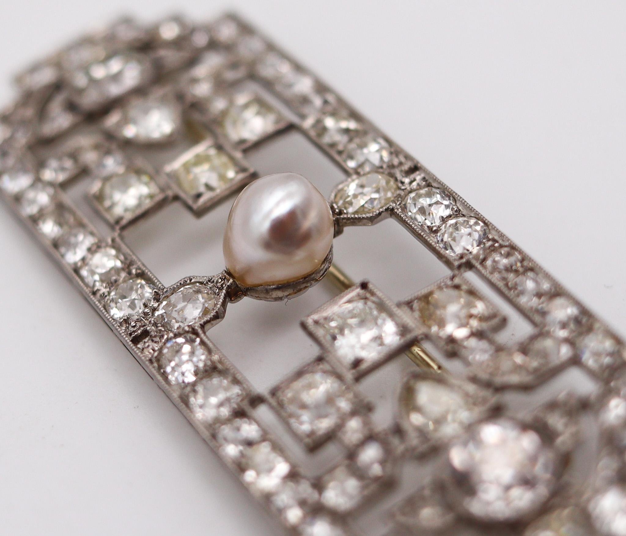 Women's French 1920 Art Deco Geometric Brooch in Platinum with 10.70ctw in Diamonds For Sale