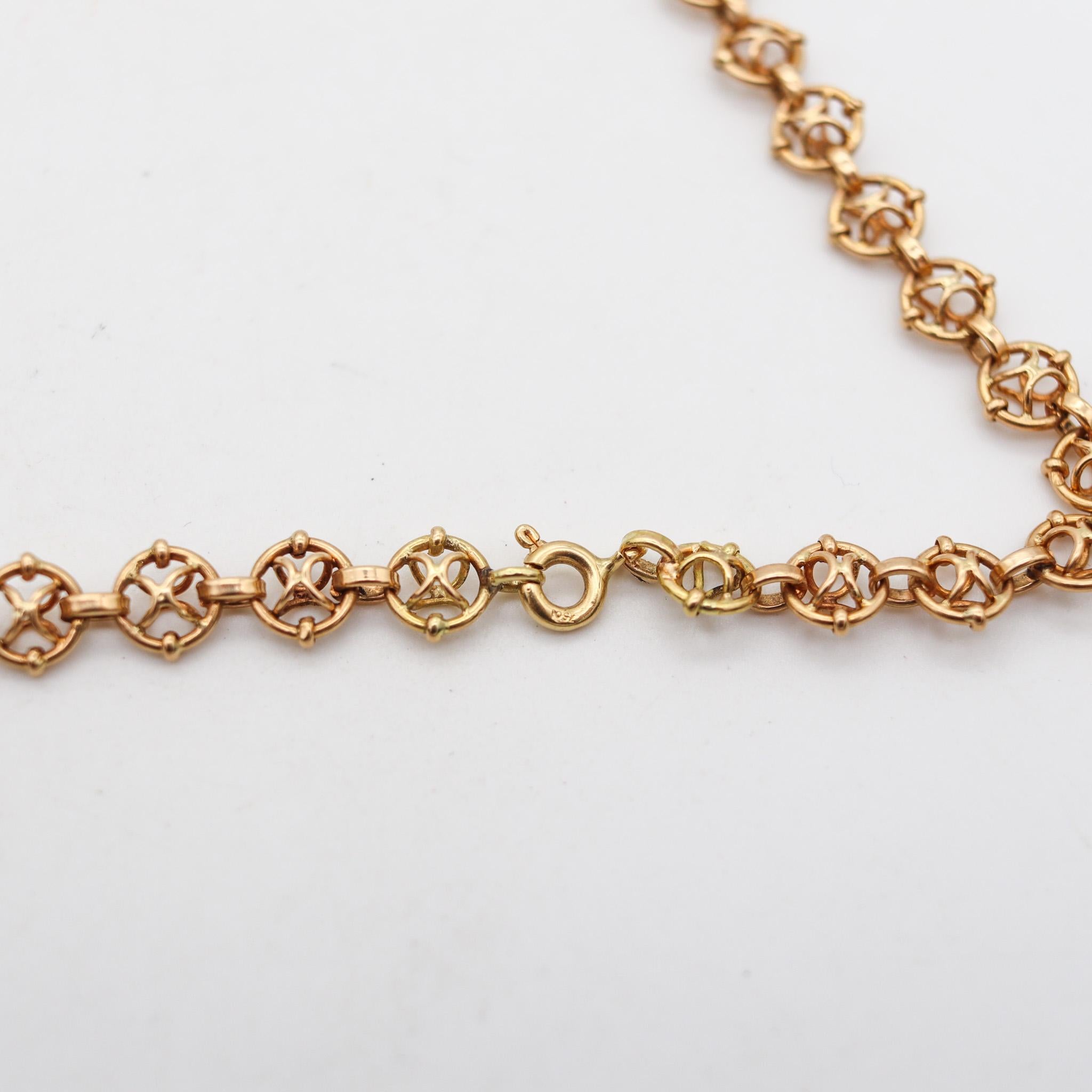 A French long necklace chain.

Very handsome and useful long chain, made in France during the art deco period, back in the 1920. The links of this chain are designed in three dimensions with geometric patters. The chain is composed by one