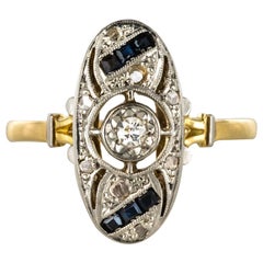 French 1920 Art Deco Sapphire Diamonds Yellow Gold Oval Ring