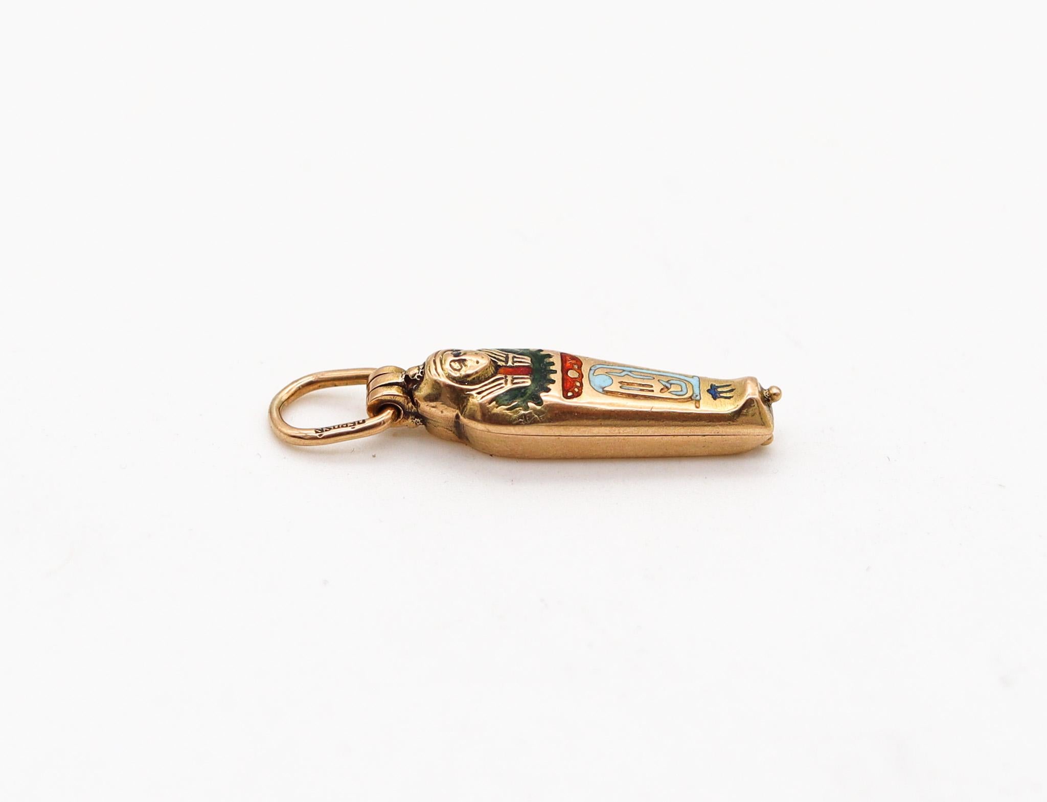 Egyptian revival Sarcophagus surprise charm.

With the discovery of King Tutankhamun's tomb in 1922, Egyptian Revival souvenirs became incredibly popular in the world. This fantastic surprise sarcophagus charm is one of them and one of the most