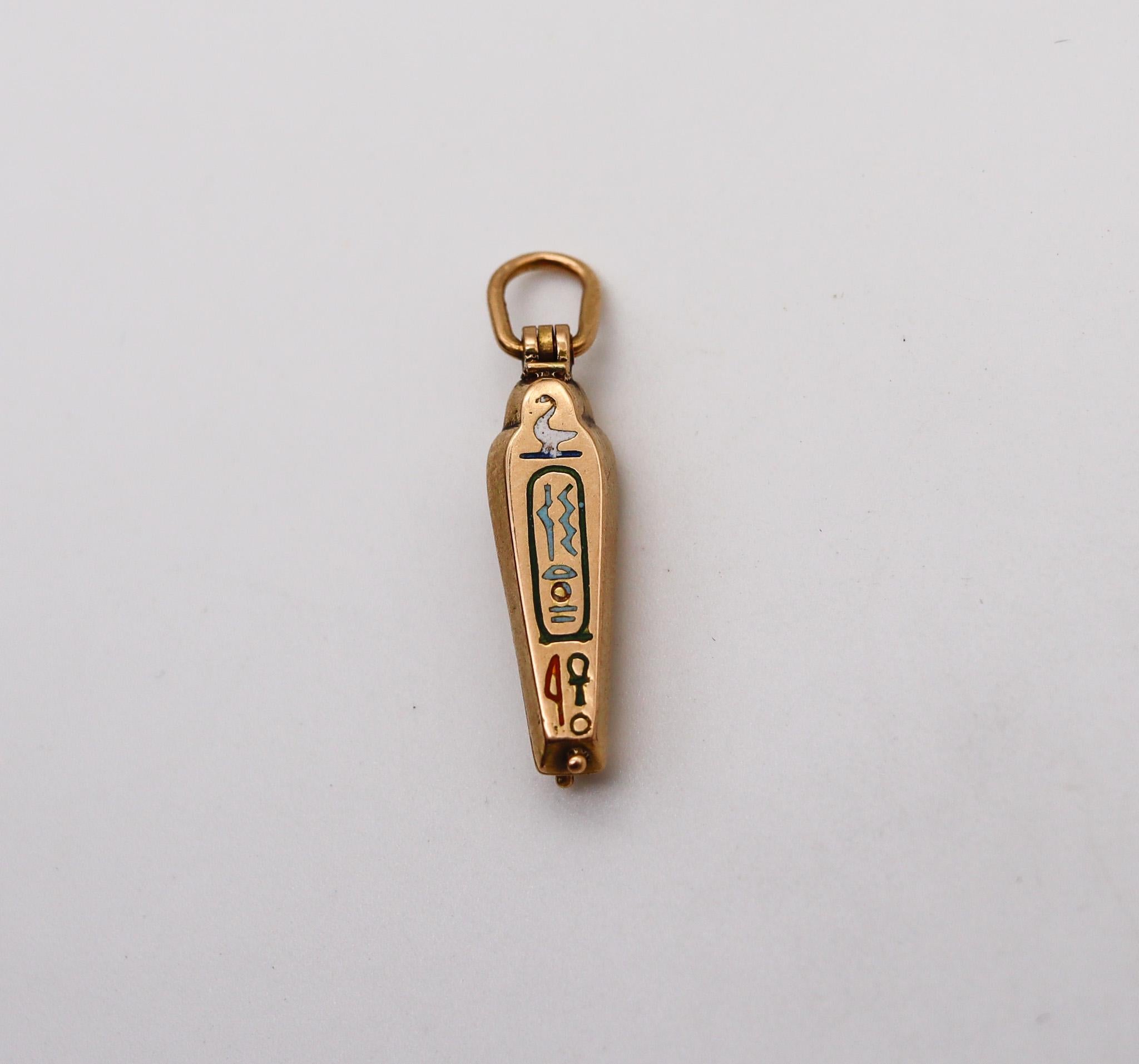 French 1920 Deco Egyptian Revival Surprise Sarcophagus Charm 18kt Gold & Enamel In Good Condition In Miami, FL