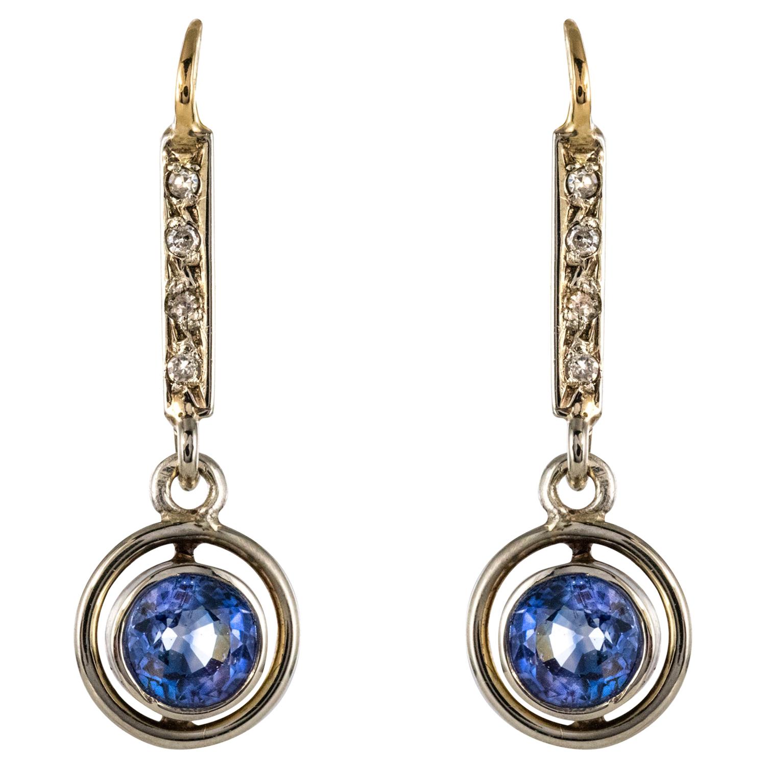 French 1920s Art Deco 1.16 Carat Sapphire Diamonds 18 Karat Yellow Gold Earrings