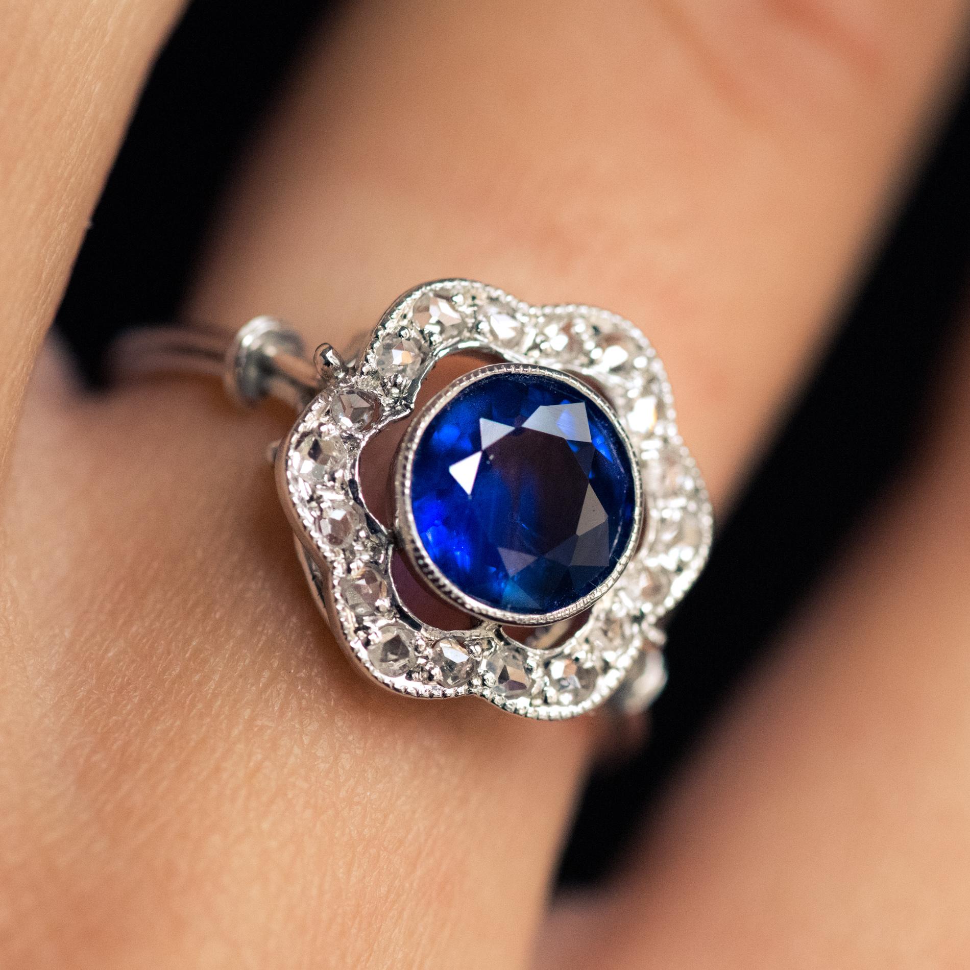 Women's French 1920s Art Deco 1.23 Carat Sapphire Diamonds Platinum Ring