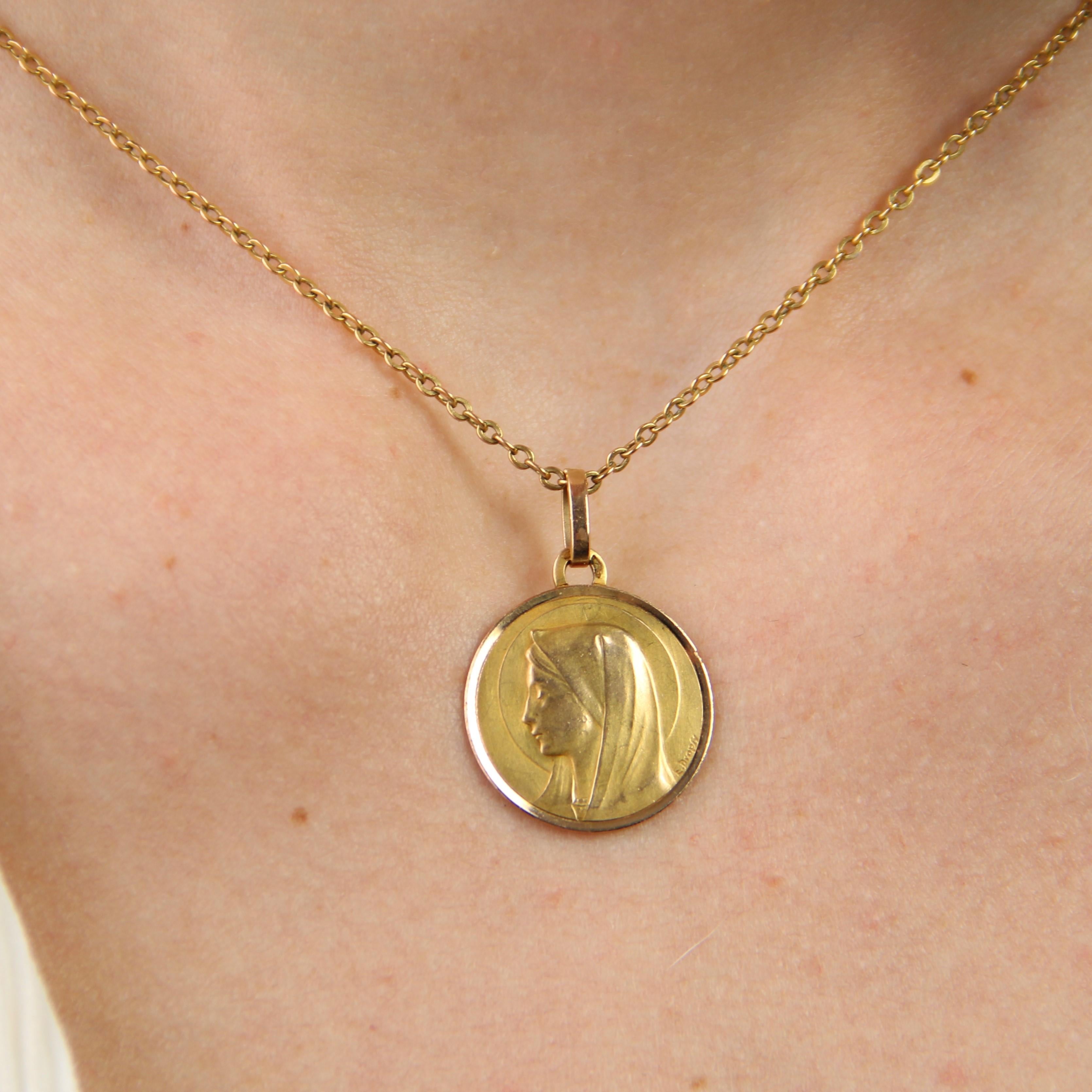 Women's or Men's French 1920s 18 Karat Rose Gold Virgin Mary Haloed Dropsy Signed Medal Pendant