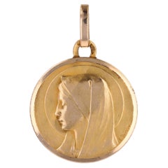 French 1920s 18 Karat Rose Gold Virgin Mary Haloed Dropsy Signed Medal Pendant