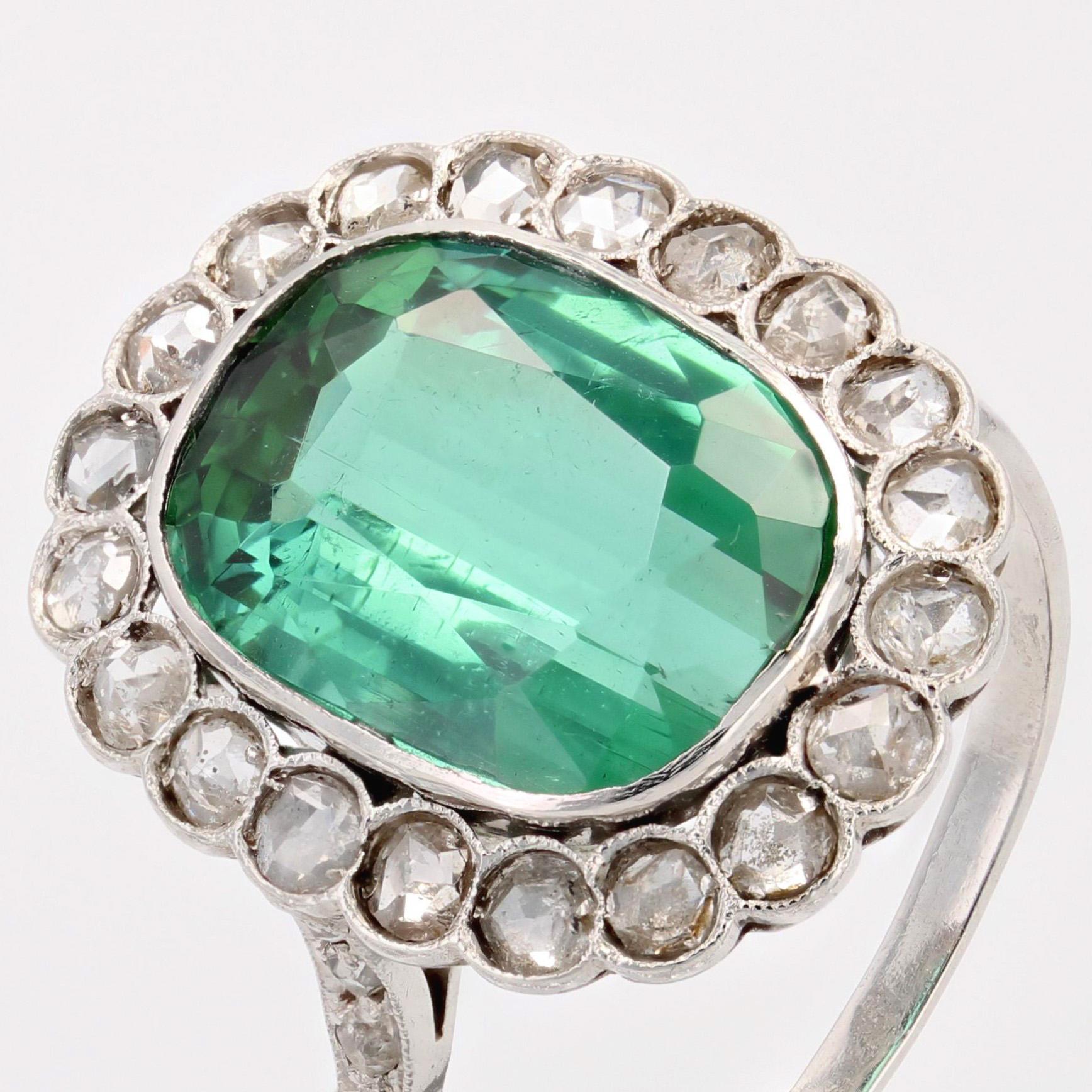 French 1920s 5.50 Carats Tourmaline Diamonds Platinum Daisy Ring For Sale 4