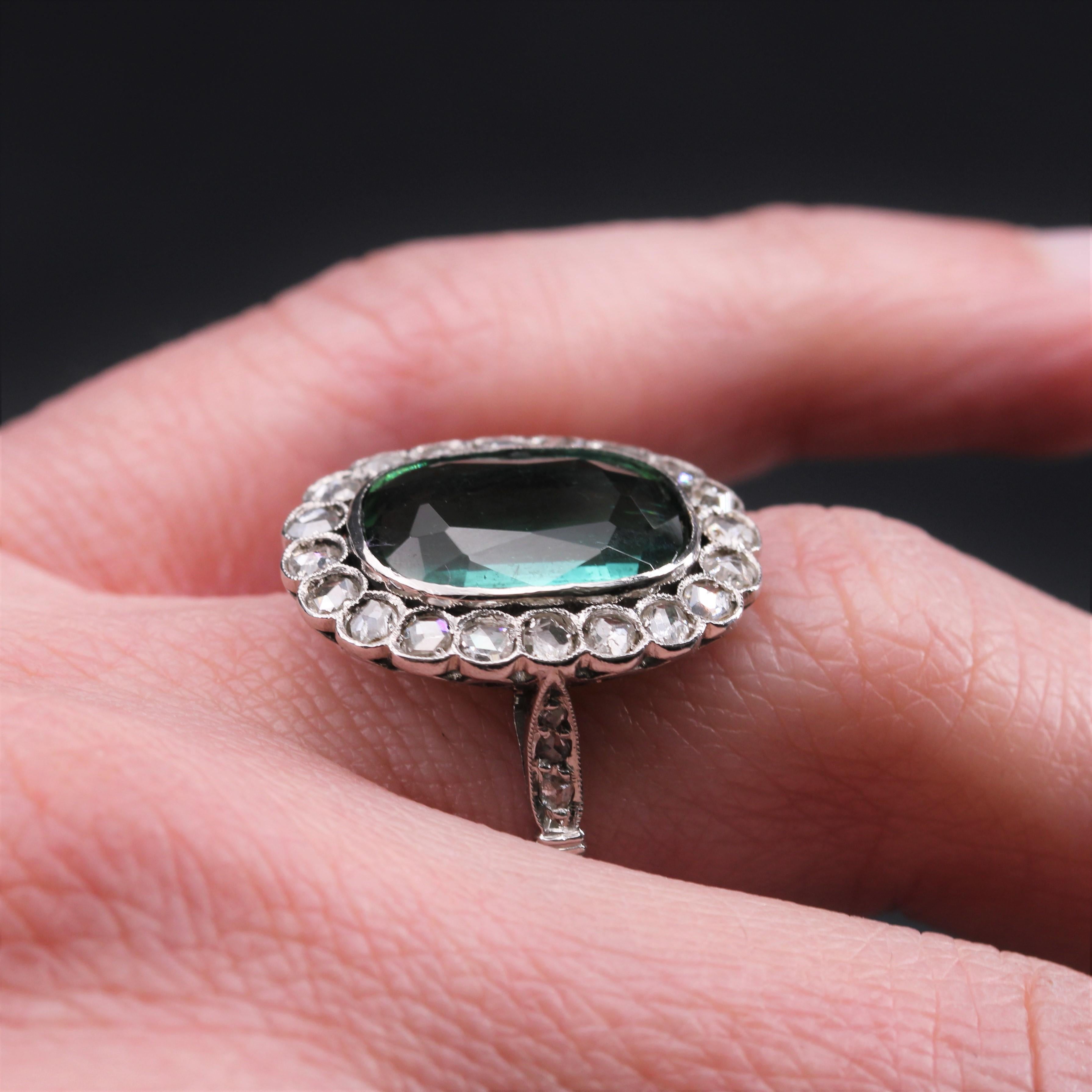 French 1920s 5.50 Carats Tourmaline Diamonds Platinum Daisy Ring For Sale 6