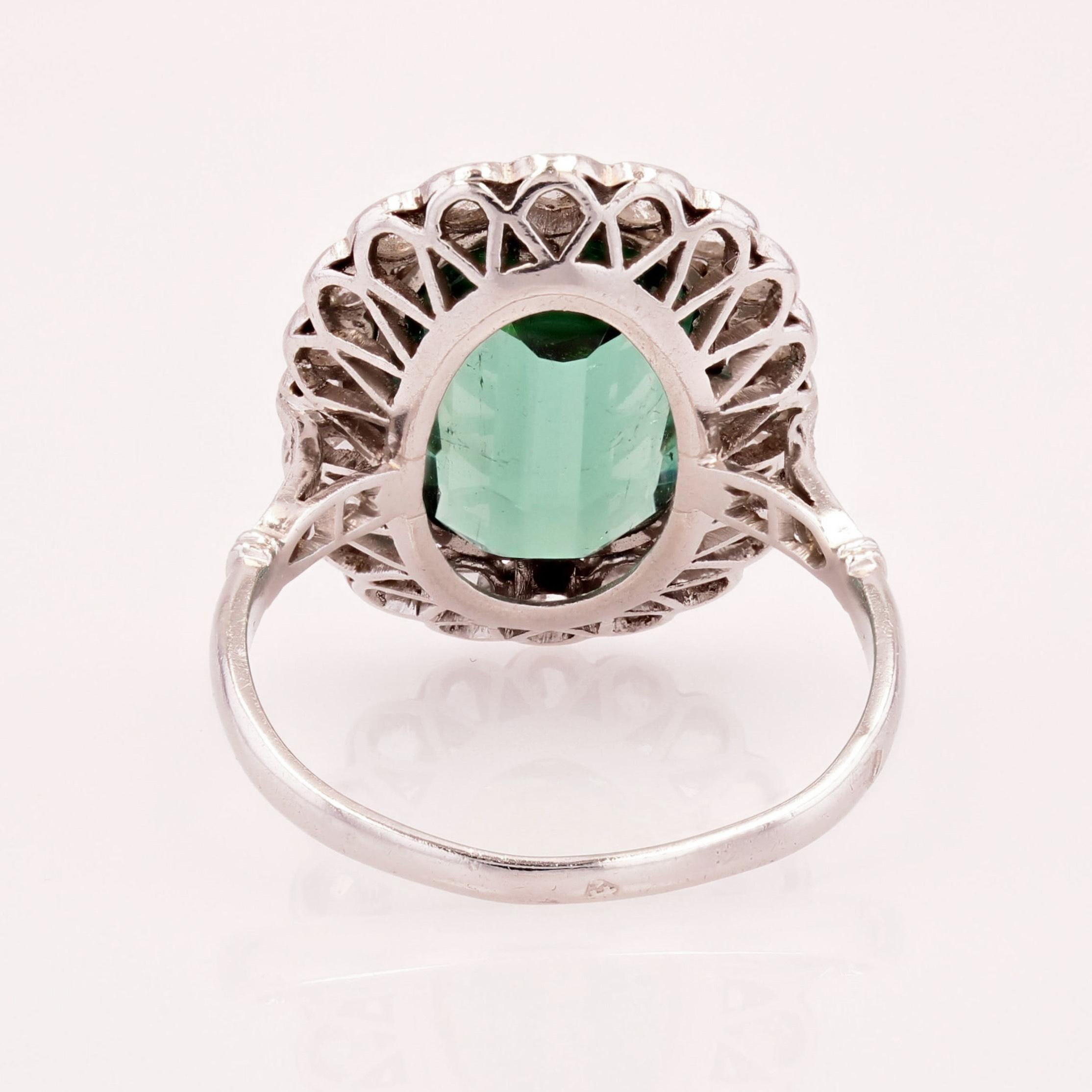 French 1920s 5.50 Carats Tourmaline Diamonds Platinum Daisy Ring For Sale 9