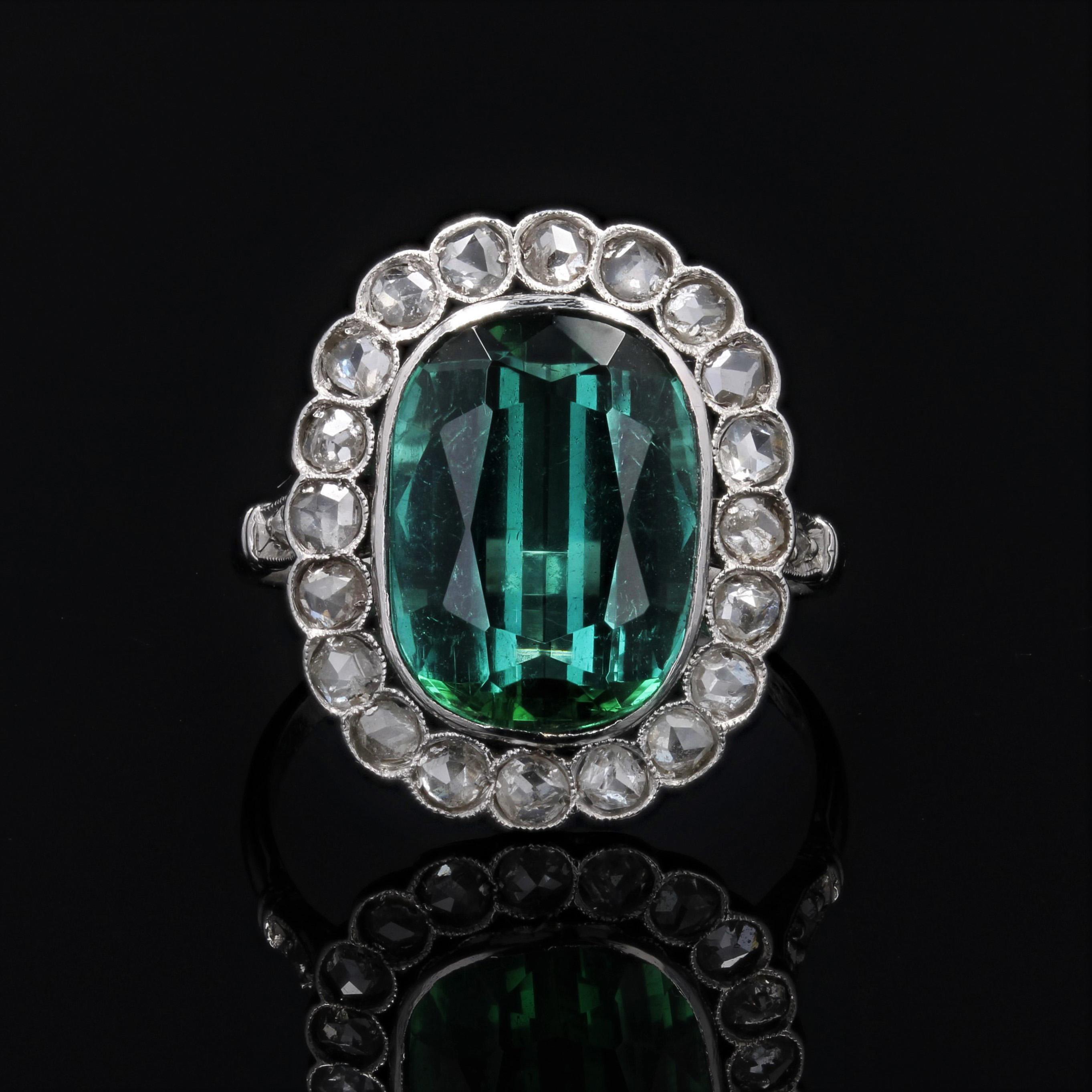 French 1920s 5.50 Carats Tourmaline Diamonds Platinum Daisy Ring In Good Condition For Sale In Poitiers, FR
