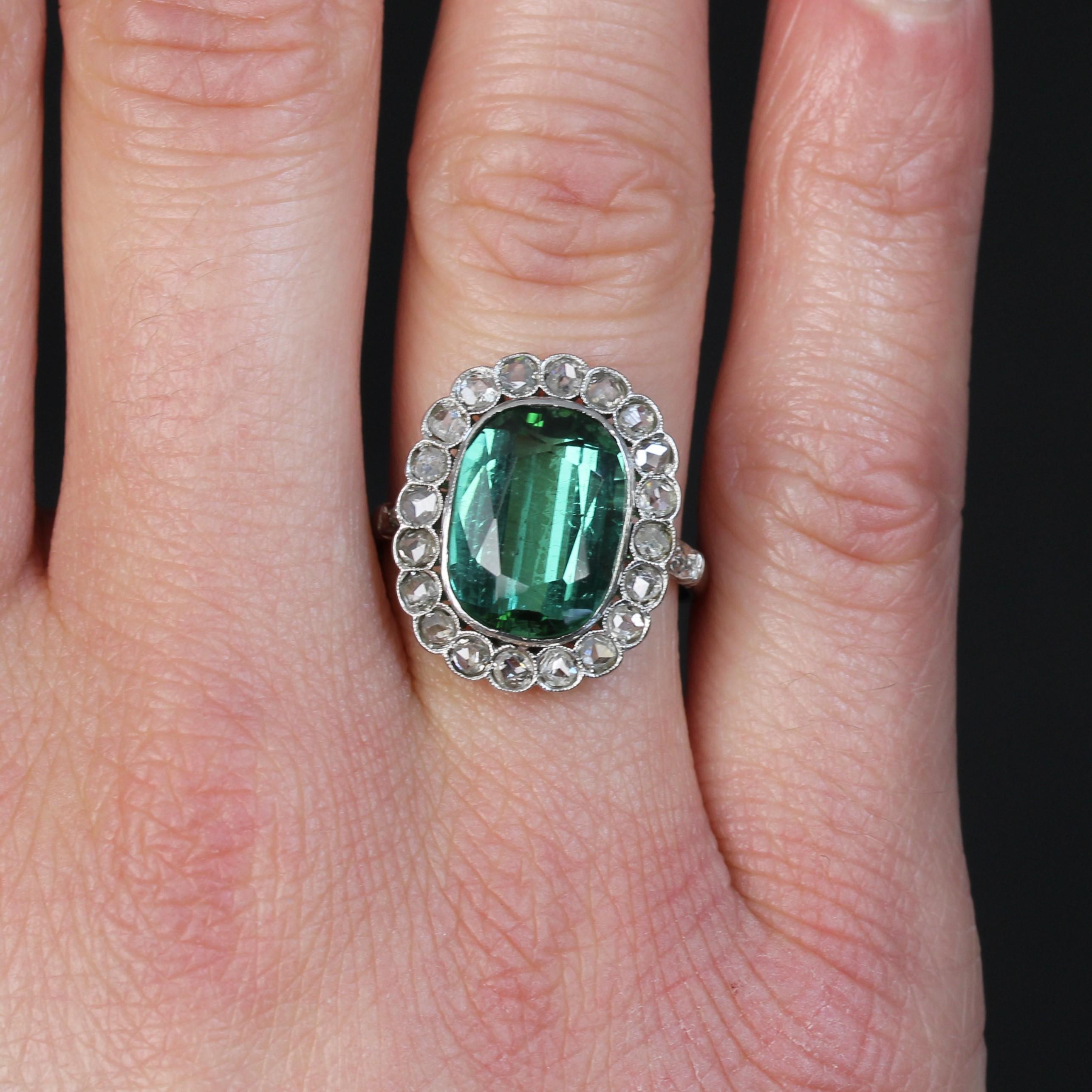 French 1920s 5.50 Carats Tourmaline Diamonds Platinum Daisy Ring For Sale 1