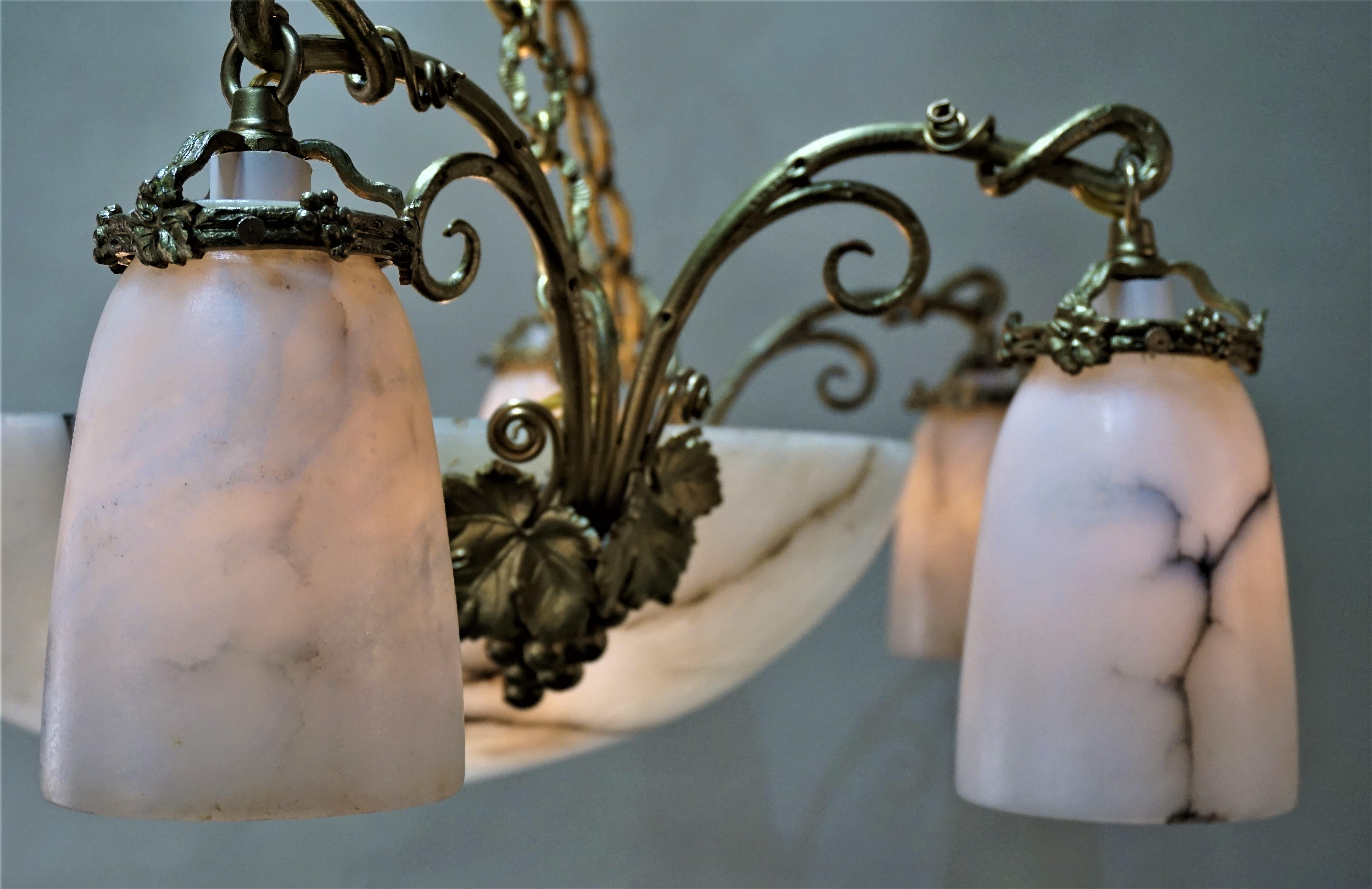 French 1920s Alabaster and Bronze Chandelier 6