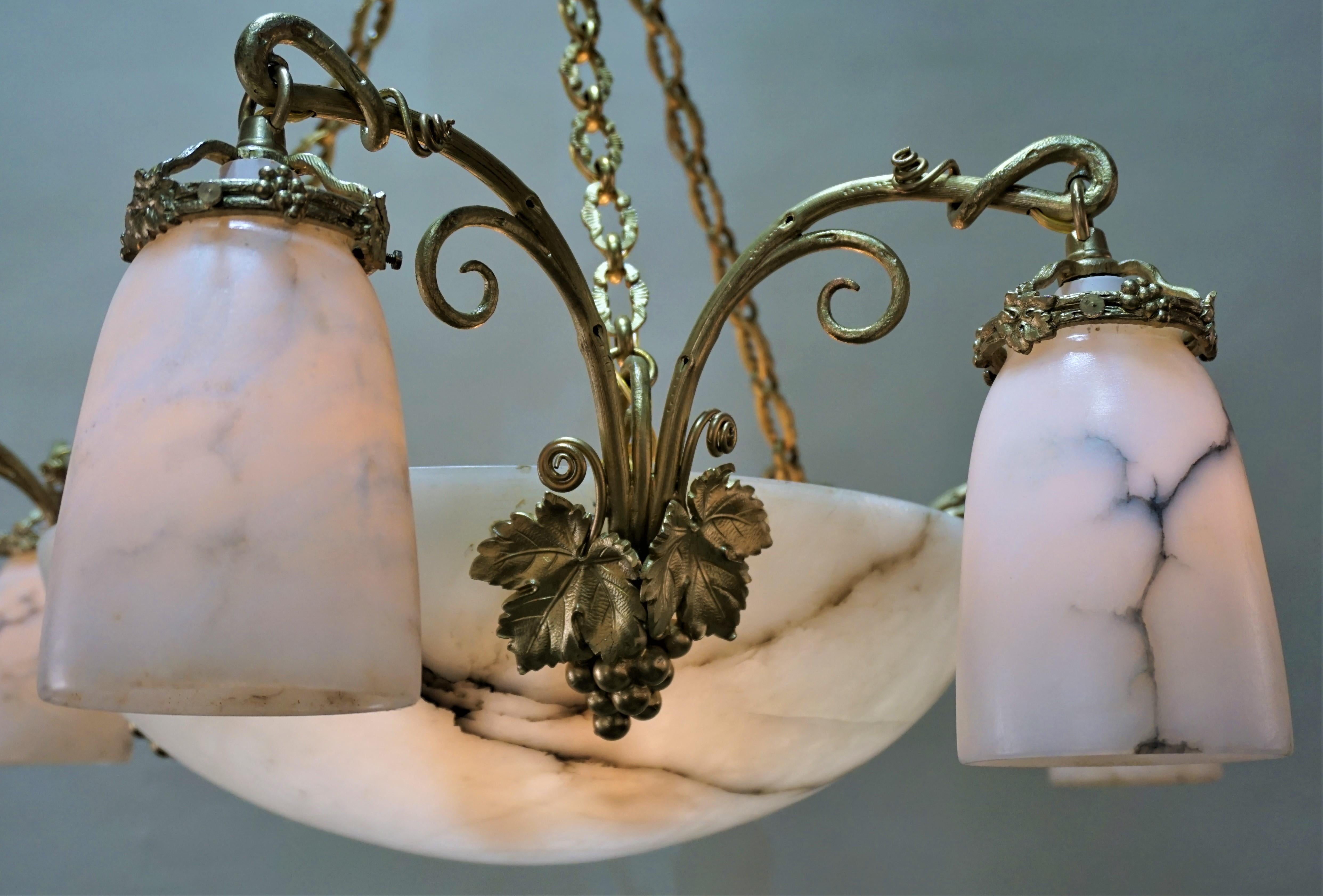 French 1920s Alabaster and Bronze Chandelier 1