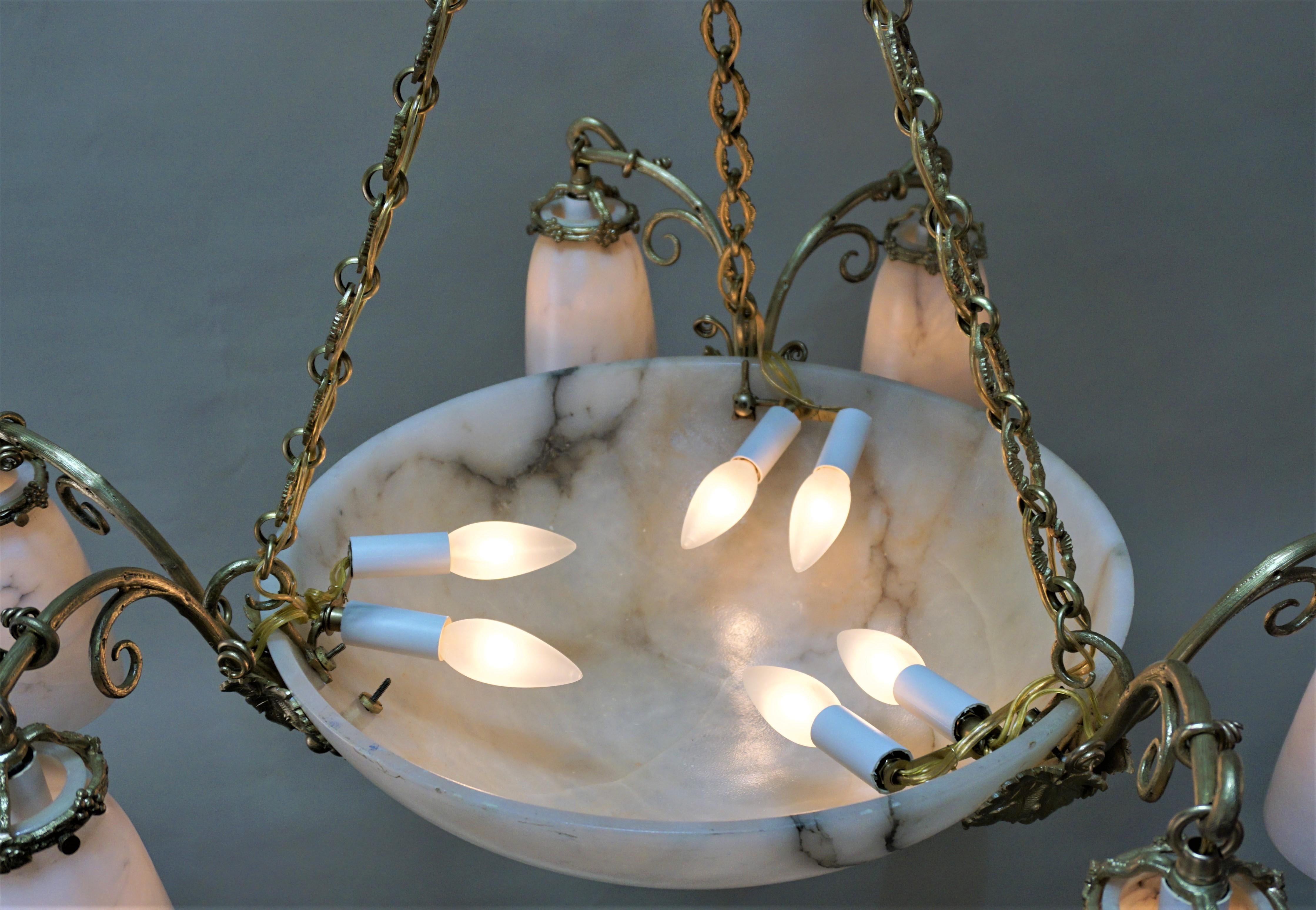 French 1920s Alabaster and Bronze Chandelier 4