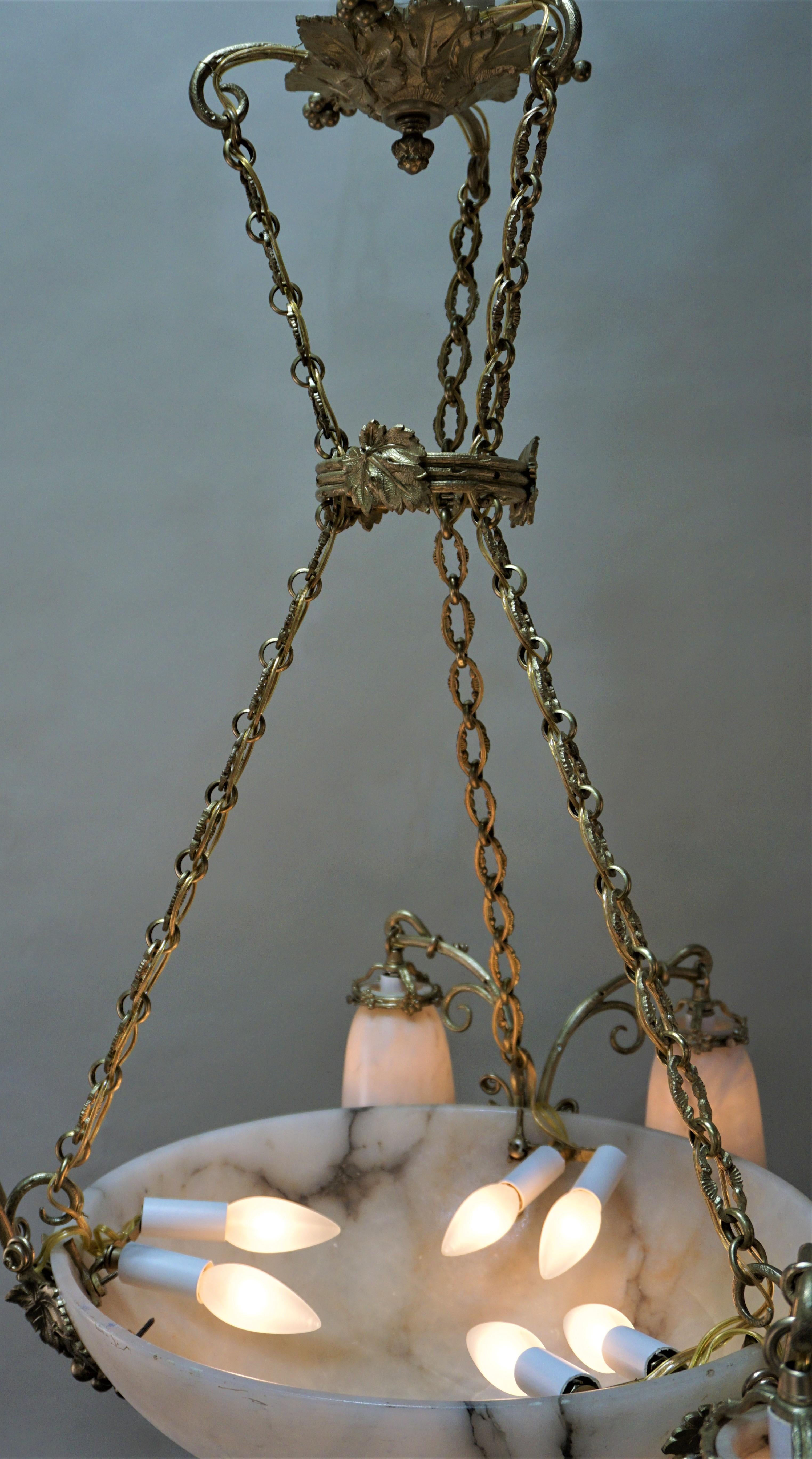 French 1920s Alabaster and Bronze Chandelier 5