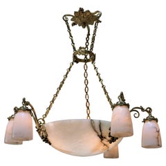 French 1920s Alabaster and Bronze Chandelier