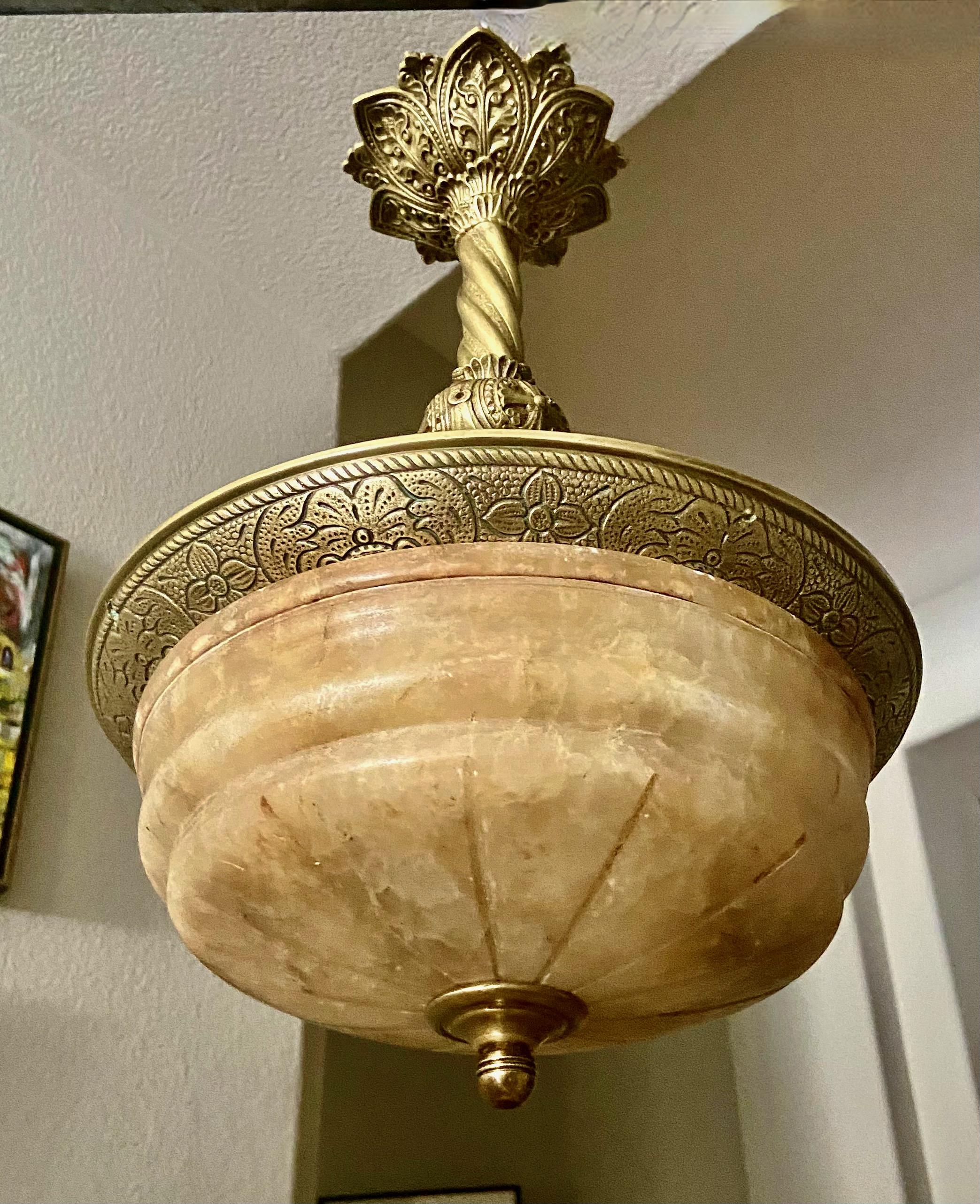 French 1920's Alabaster Brass Pendant Light For Sale 10