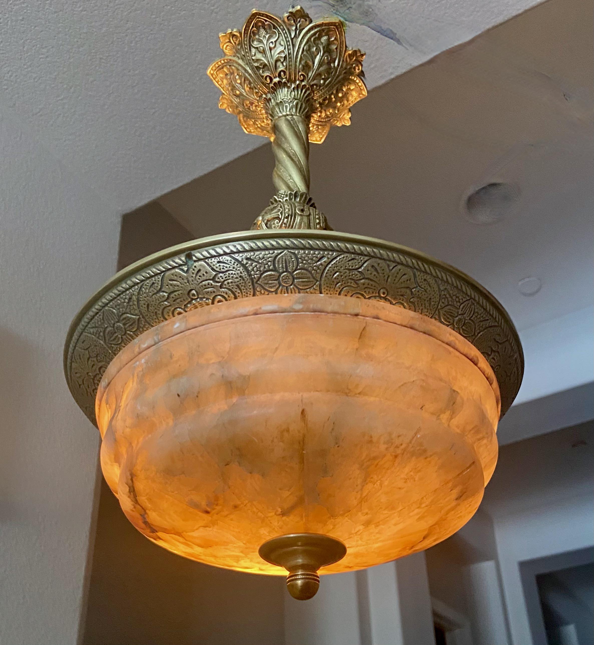 French 1920's Alabaster Brass Pendant Light In Good Condition For Sale In Palm Springs, CA