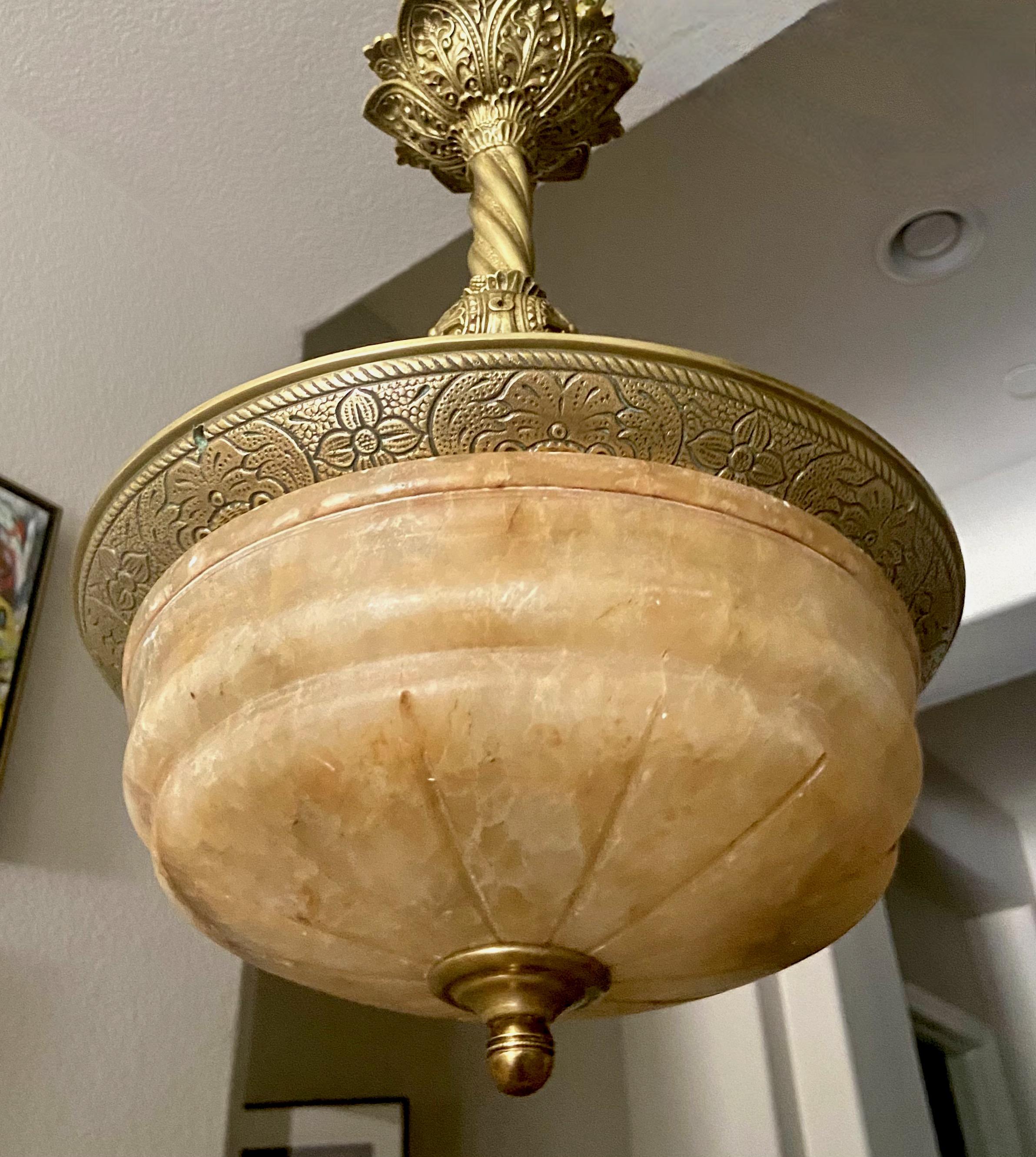 20th Century French 1920's Alabaster Brass Pendant Light For Sale