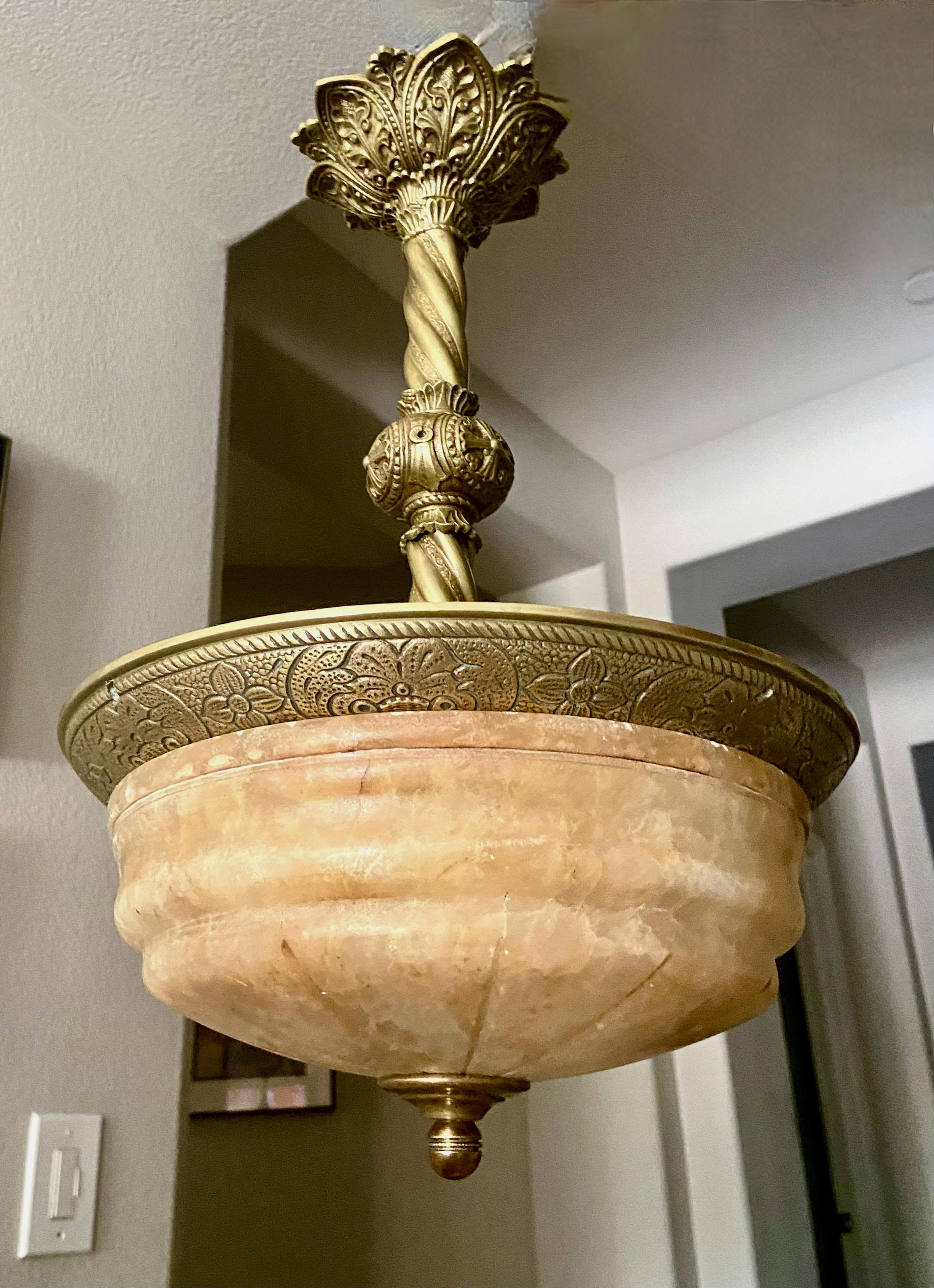 French 1920's Alabaster Brass Pendant Light For Sale 1