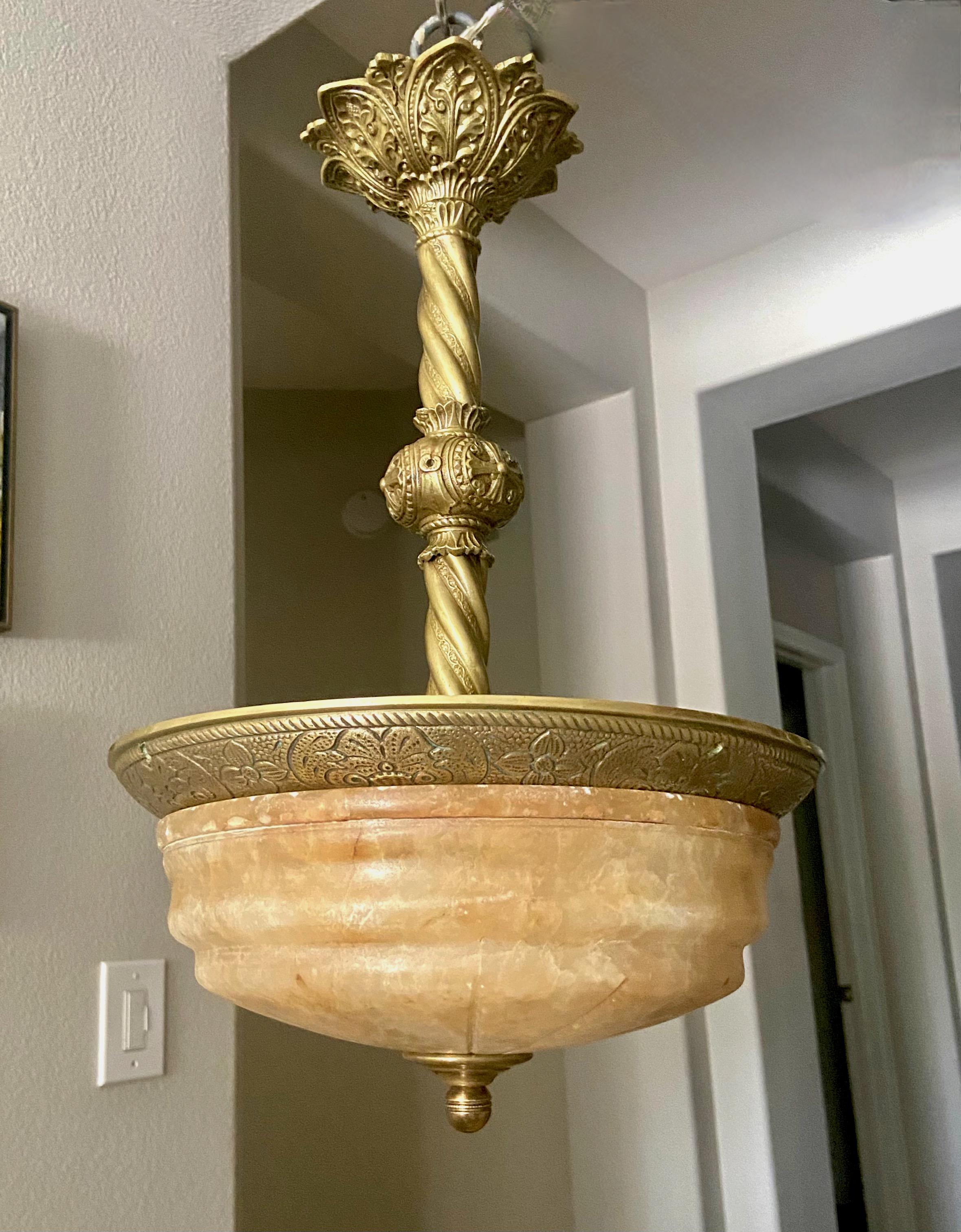 French 1920's Alabaster Brass Pendant Light For Sale 3