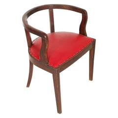 French 1920s Art Deco Armchair, Brown Walnut, Red Skin, Jules Leleu Atributed