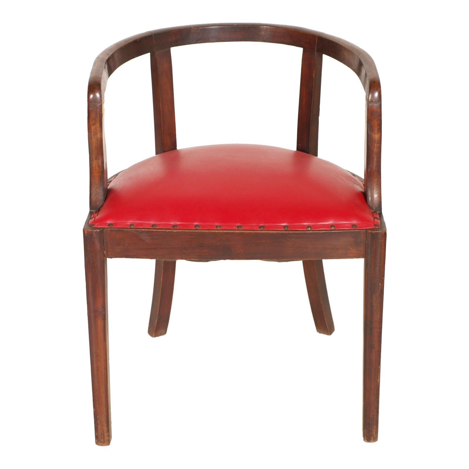 French 1920s Art Deco Armchair, Brown Walnut, Red Skin, Jules Leleu Atributed In Good Condition For Sale In Vigonza, Padua