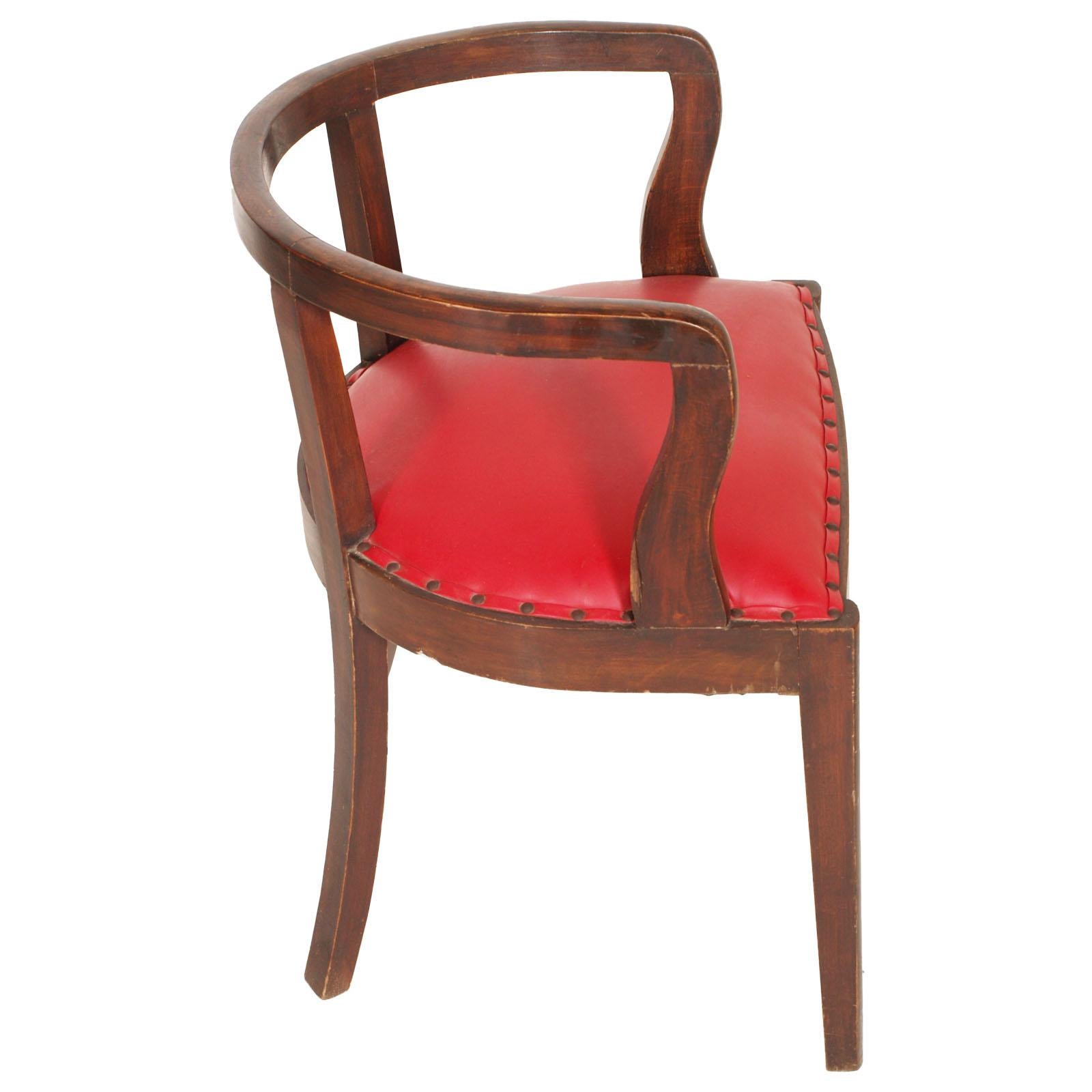 Early 20th Century French 1920s Art Deco Armchair, Brown Walnut, Red Skin, Jules Leleu Atributed For Sale