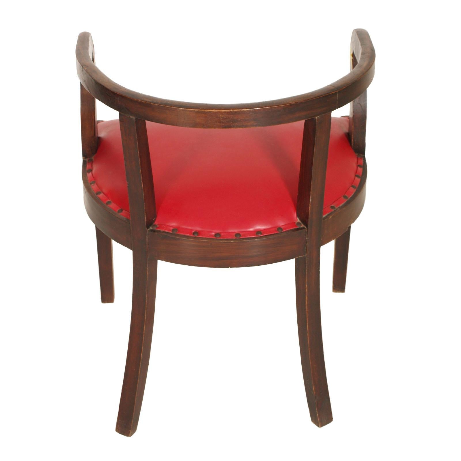 Leather French 1920s Art Deco Armchair, Brown Walnut, Red Skin, Jules Leleu Atributed For Sale