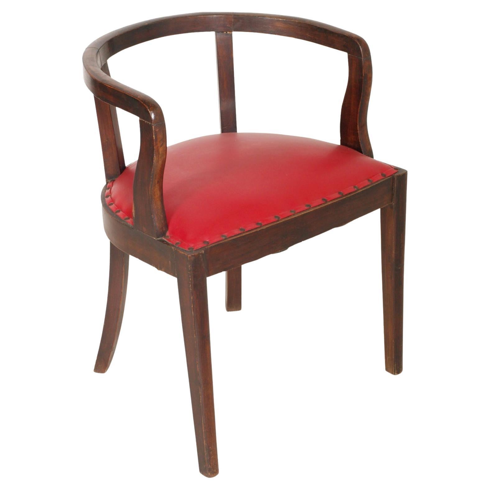 French 1920s Art Deco Armchair, Brown Walnut, Red Skin, Jules Leleu Atributed For Sale