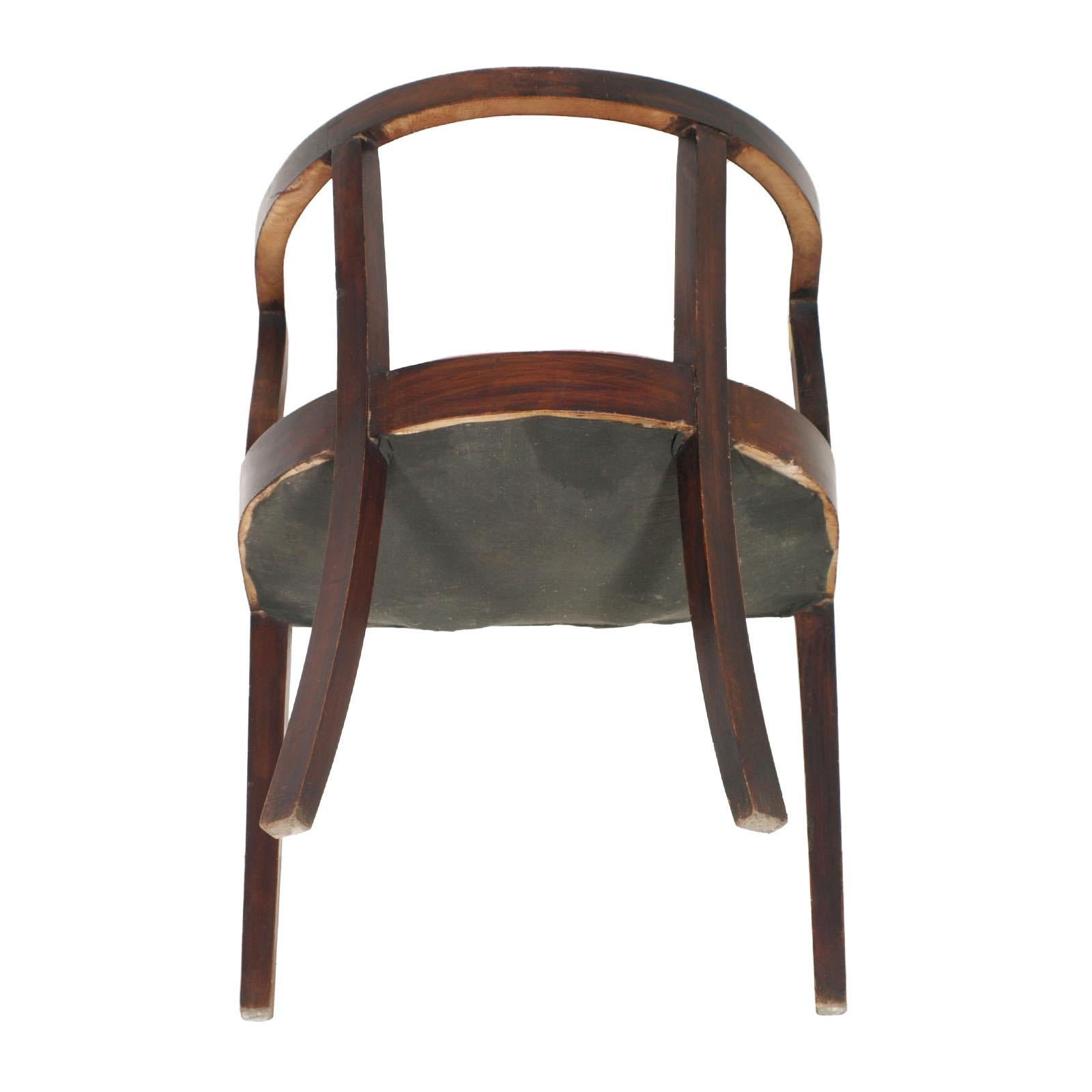 Early 20th Century French 1920s Art Deco Armchair in Brown Walnut, Red Skin Color Jules Leleu Style