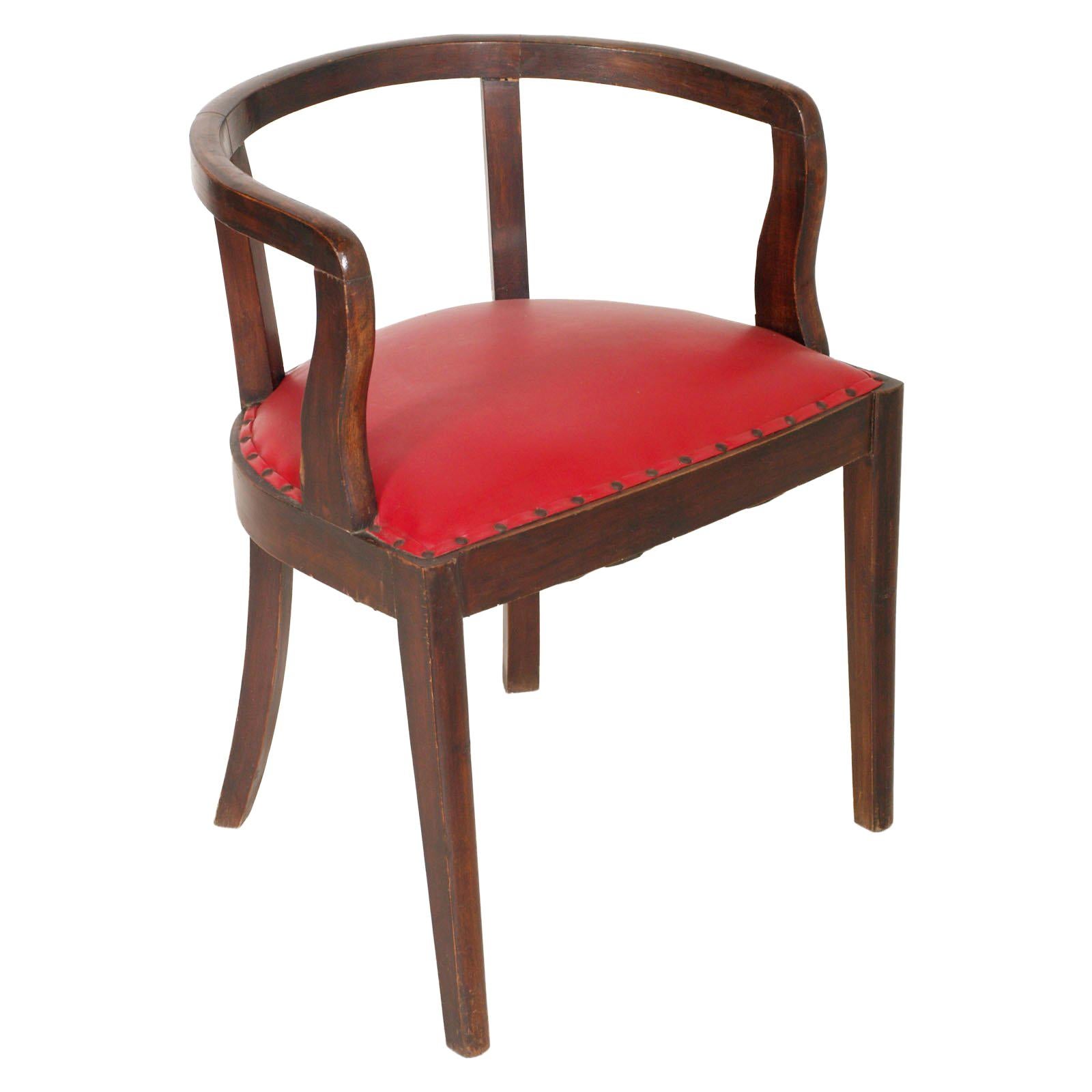 French 1920s Art Deco Armchair in Brown Walnut, Red Skin Color Jules Leleu Style