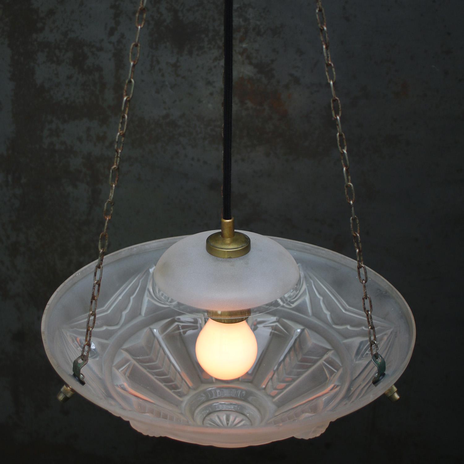 20th Century French 1920s Art Deco Brass Etched Glass Pendant Light For Sale