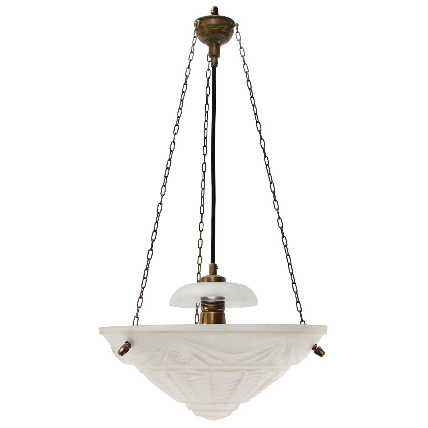 French 1920s Art Deco Brass Etched Glass Pendant Light For Sale 4