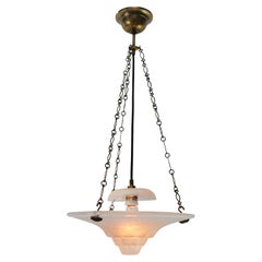 French 1920s Art Deco Brass Etched Glass Pendant Light