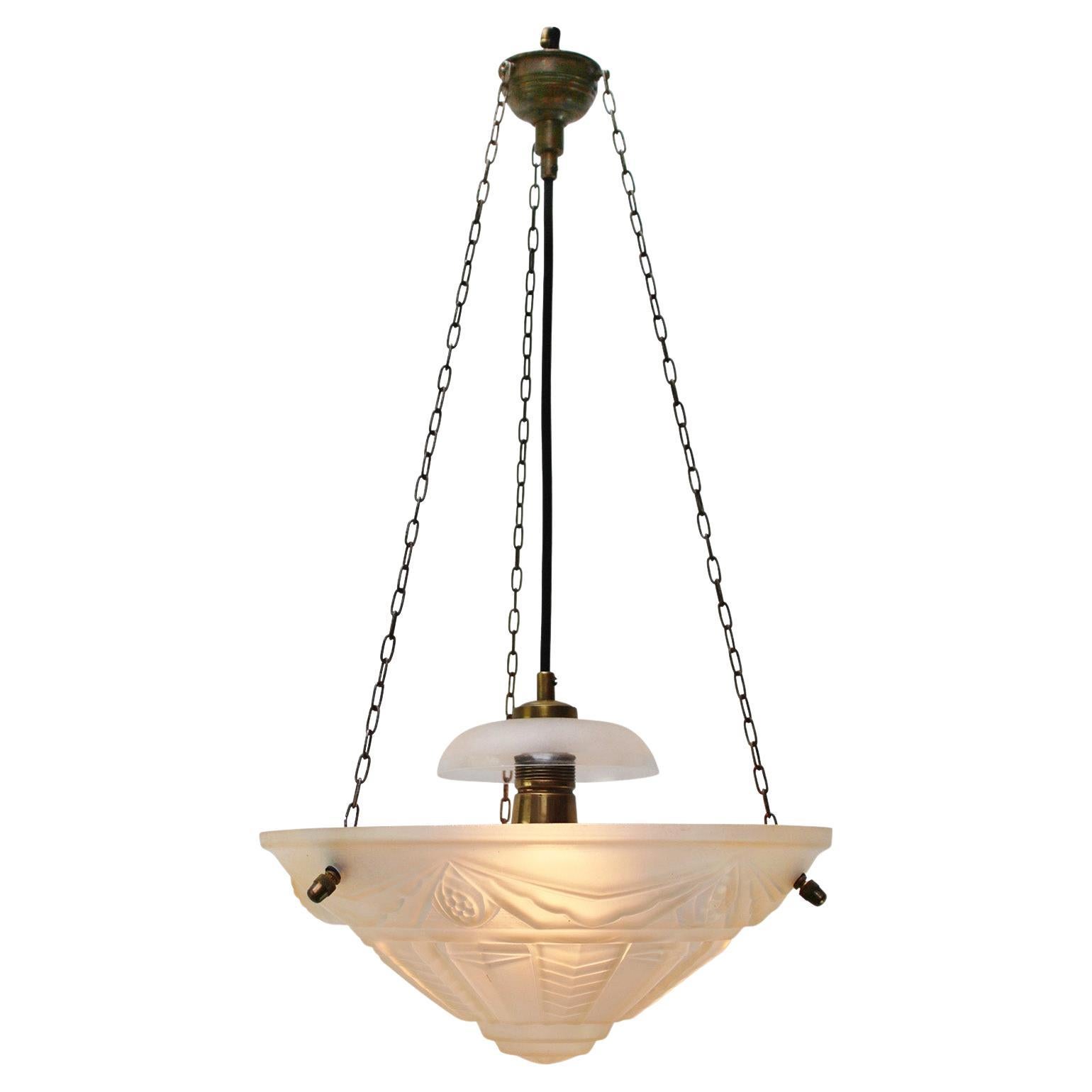 French 1920s Art Deco Brass Etched Glass Pendant Light For Sale