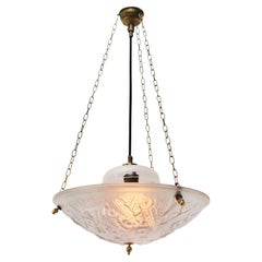 French 1920s Art Deco Brass Etched Glass Pendant Light