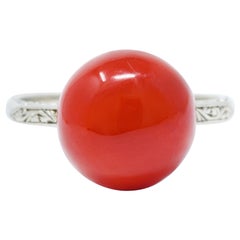French 1920's Art Deco Carved Coral 18 Karat White Gold Ball Ring