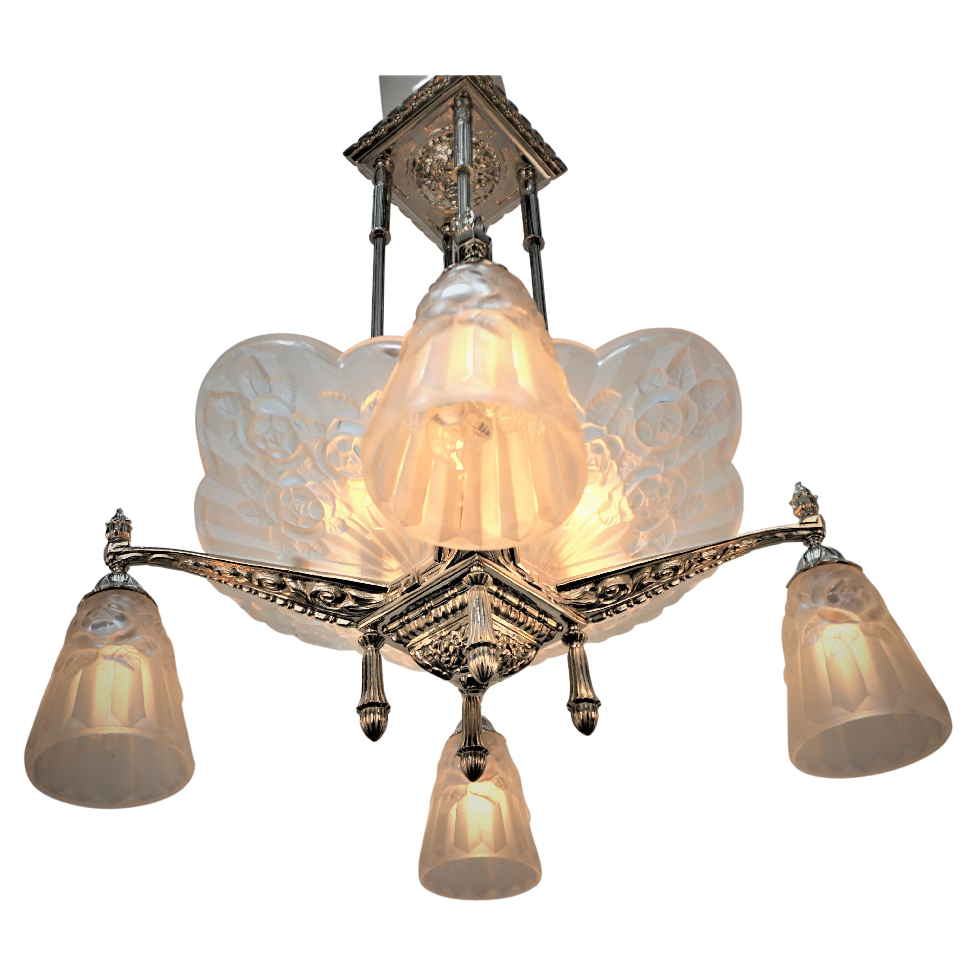 French 1920's Art Deco Chandelier by Degue For Sale