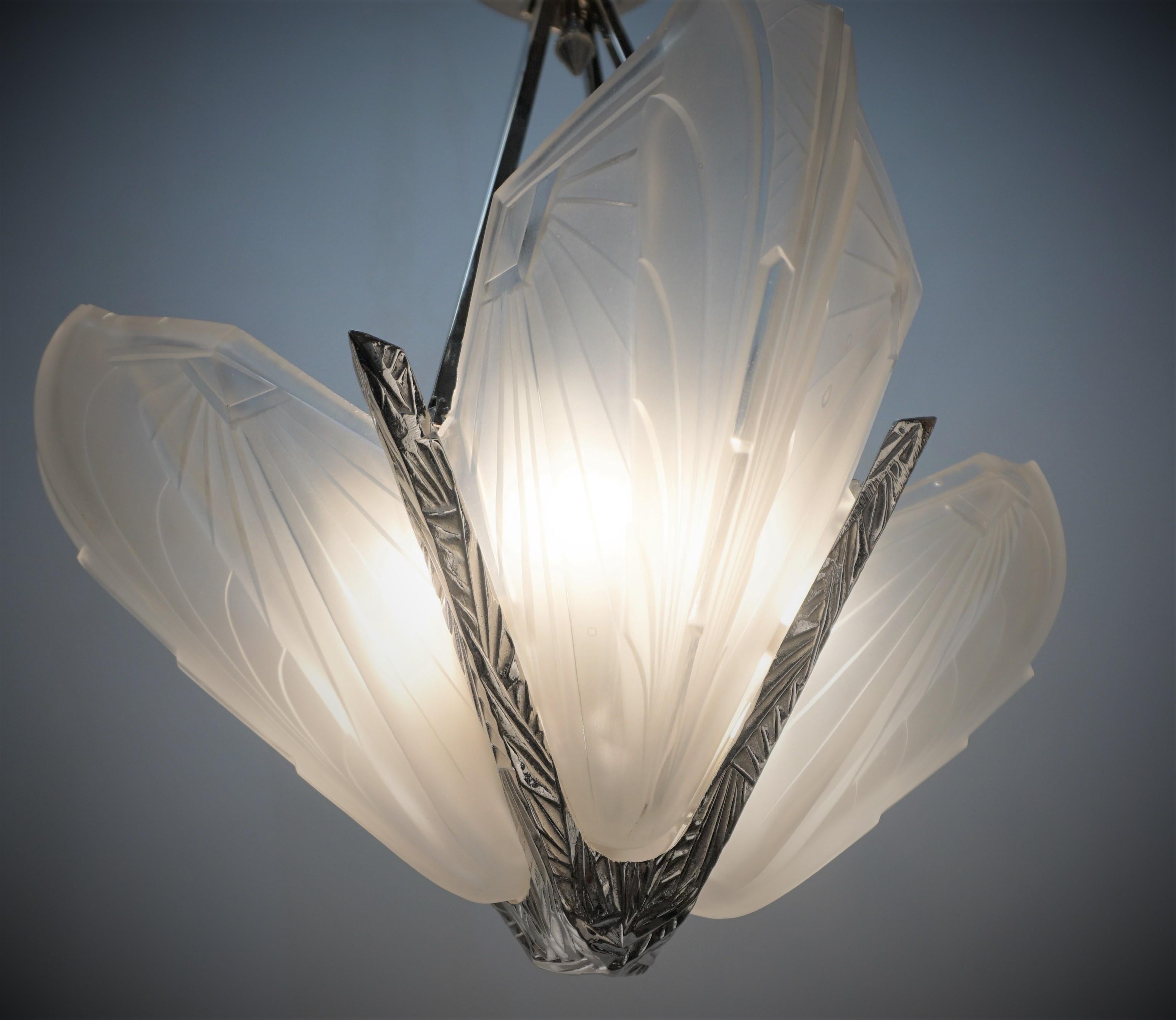 Glass French 1920's Art Deco Chandelier by E.J.G