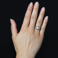 French 1920s Art Deco Cultured Pearl Diamonds Platinum Domed Ring