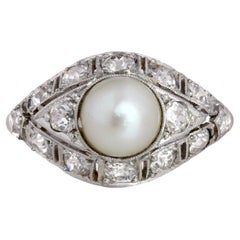 Antique French 1920s Art Deco Cultured Pearl Diamonds Platinum Domed Ring