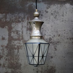 French 1920s Art Deco Matte glass Black Illustrated Nickel Plated Pendant Lamp
