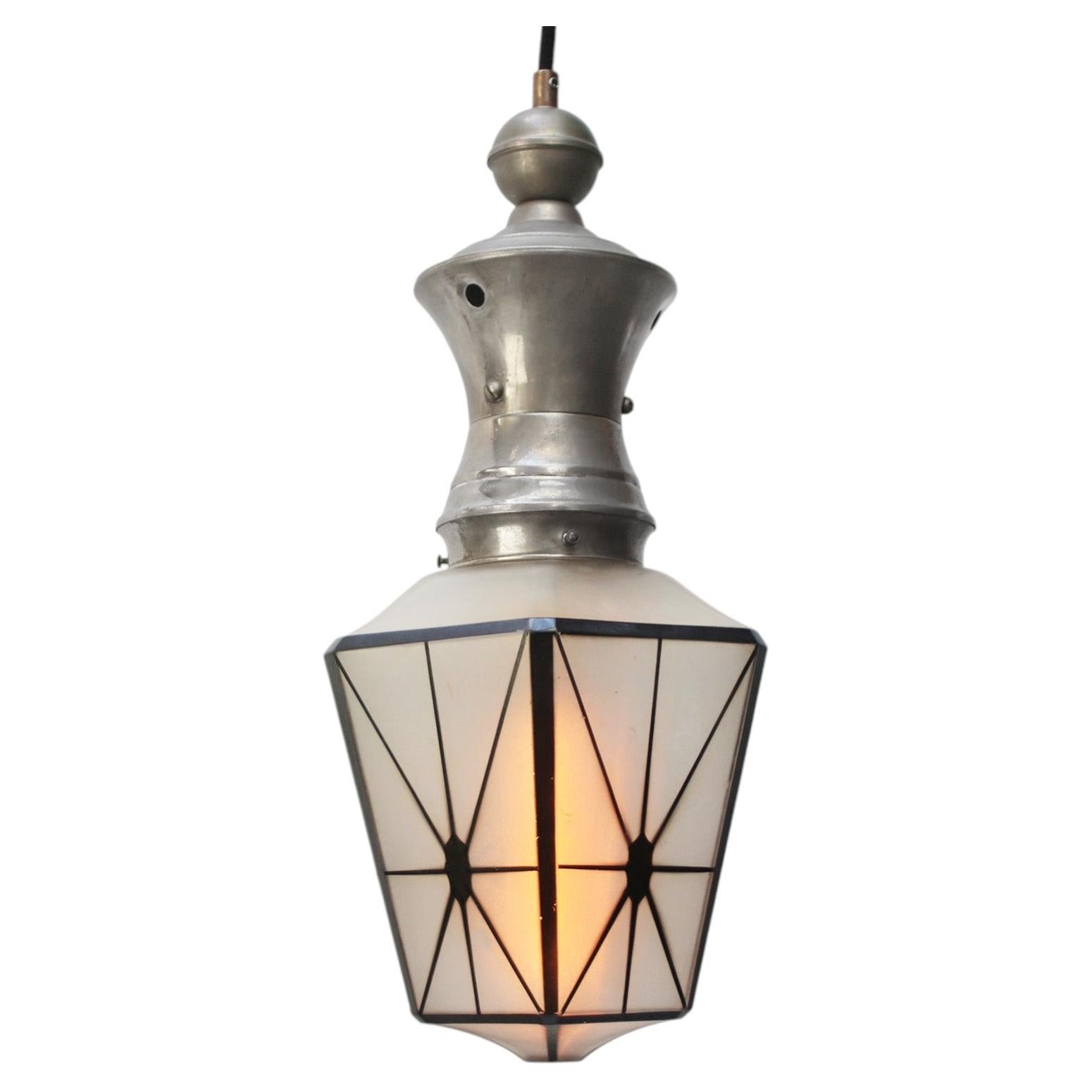 French 1920s Art Deco Matte glass Black Illustrated Nickel Plated Pendant Lamp