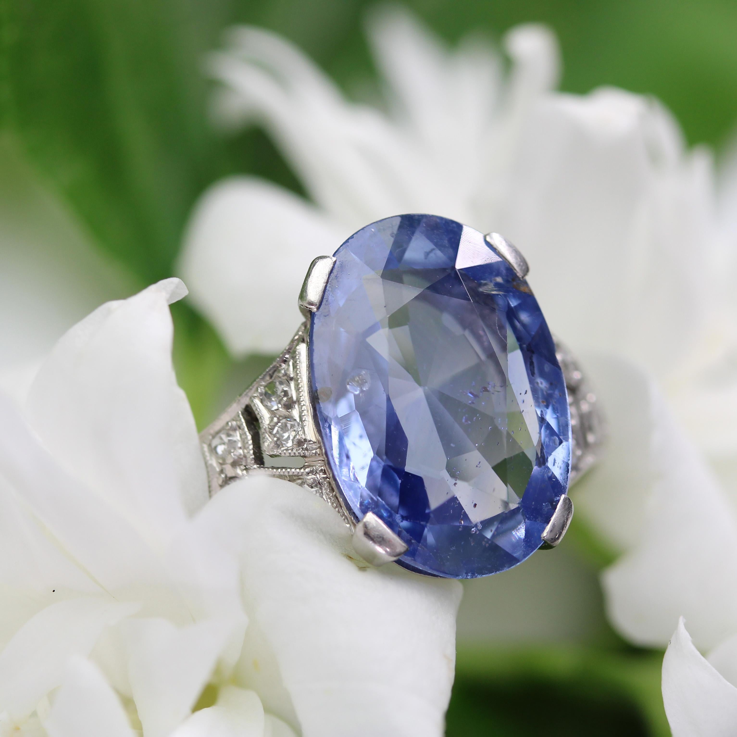 French 1920s Art Deco Natural Ceylon Sapphire Diamonds Platinum Ring For Sale 12